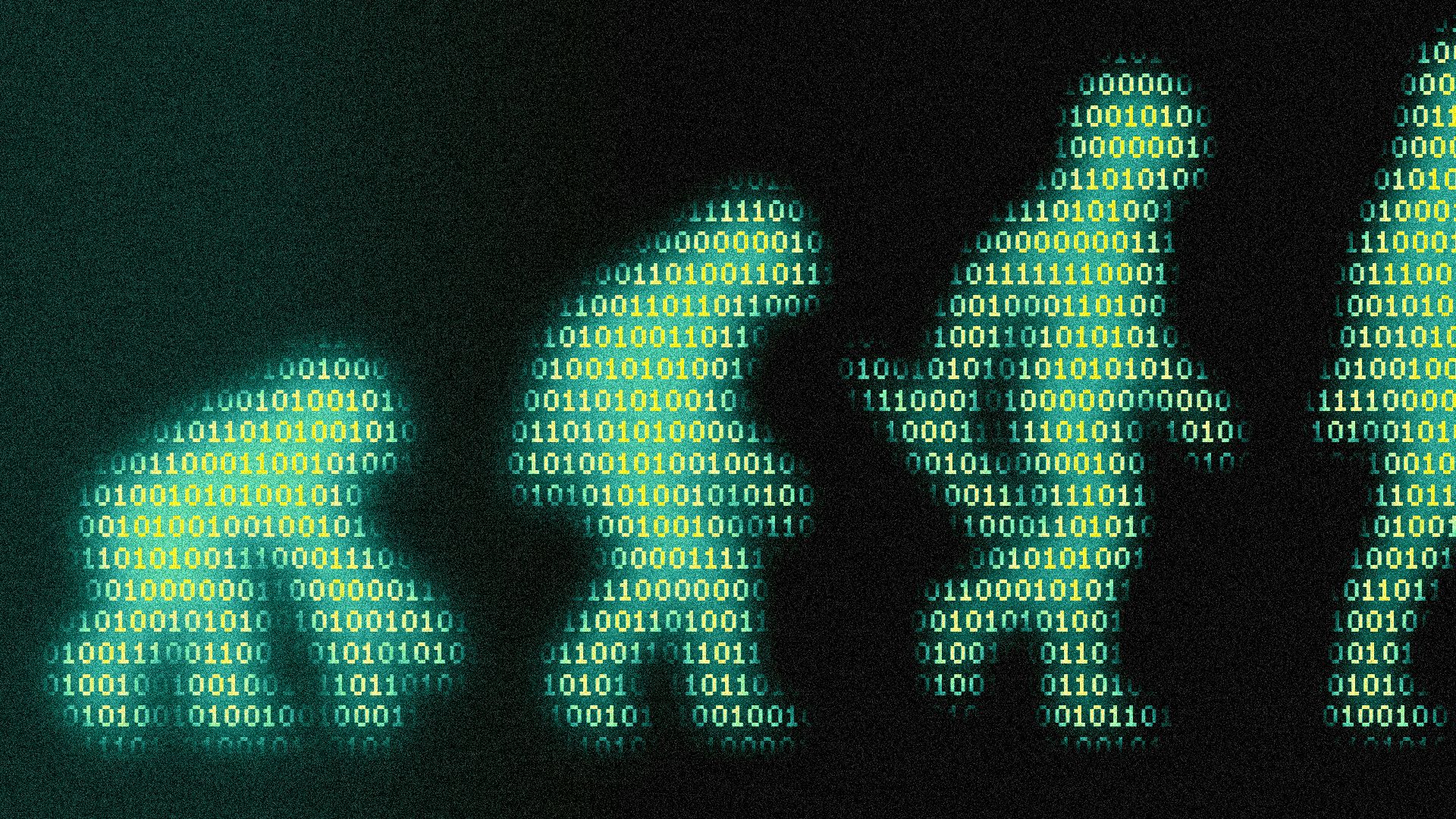 Illustration of the stages of human evolution, with glowing binary code in the silhouettes of the different stages, from primate to human.