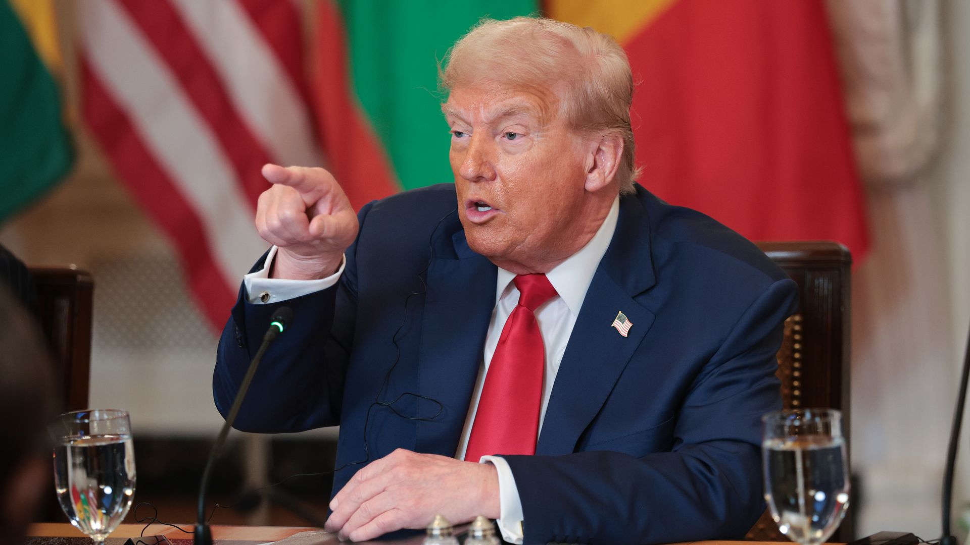 President Donald Trump answers questions during a multilateral lunch with African leaders in the State Dining Room of the White House July 9, 2025 in Washington, DC. 