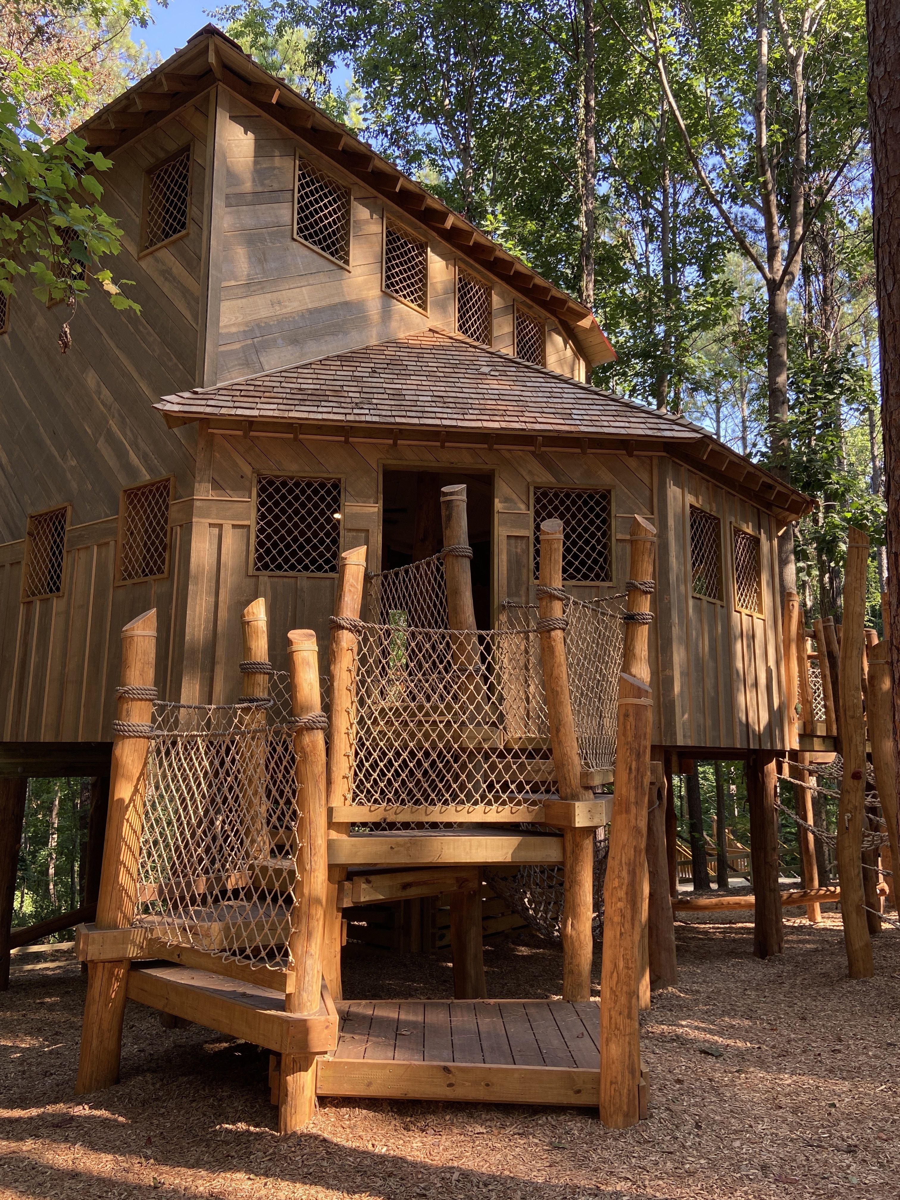 A multi-story treehouse in Wildwoods at the Whitewater Center. 