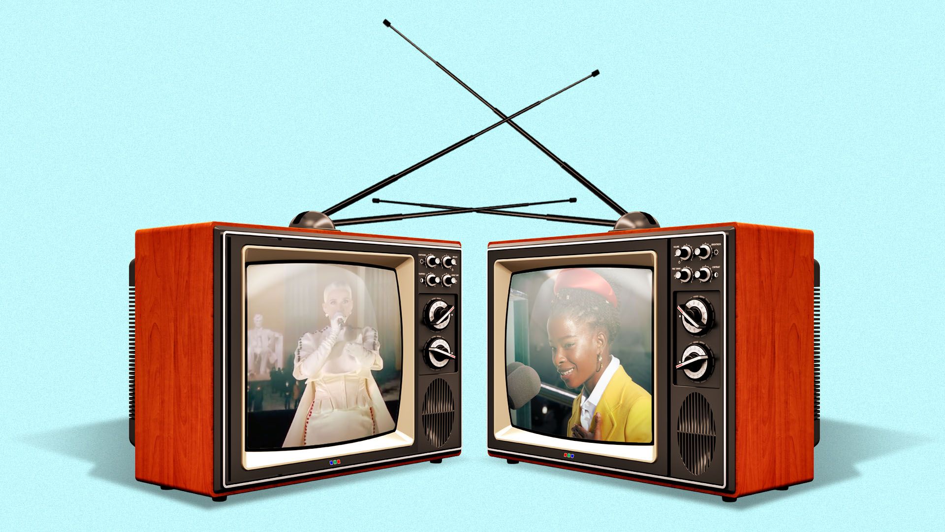 Photo illustration of two old fashioned televisions with intertwined antennas playing footage from the Inauguration