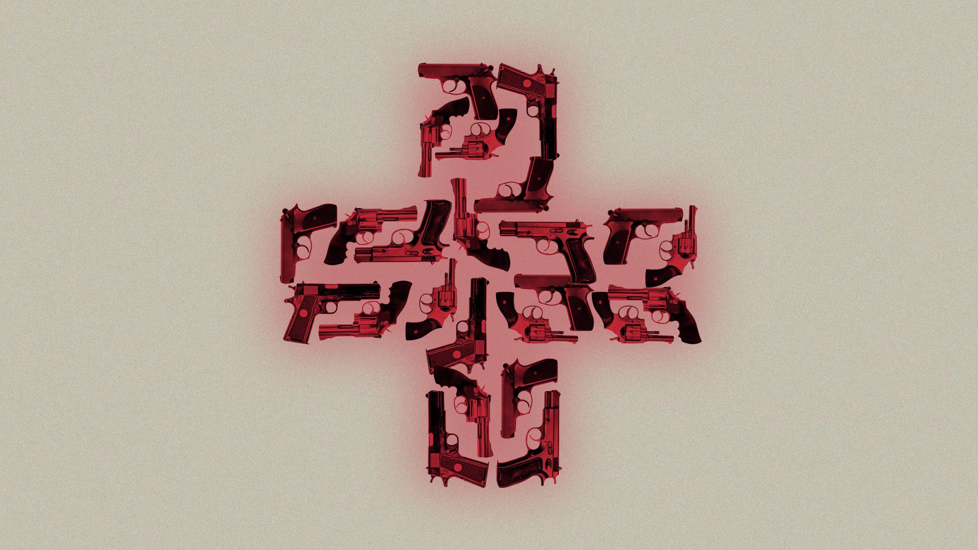 Illustration of a red cross composed of handguns.
