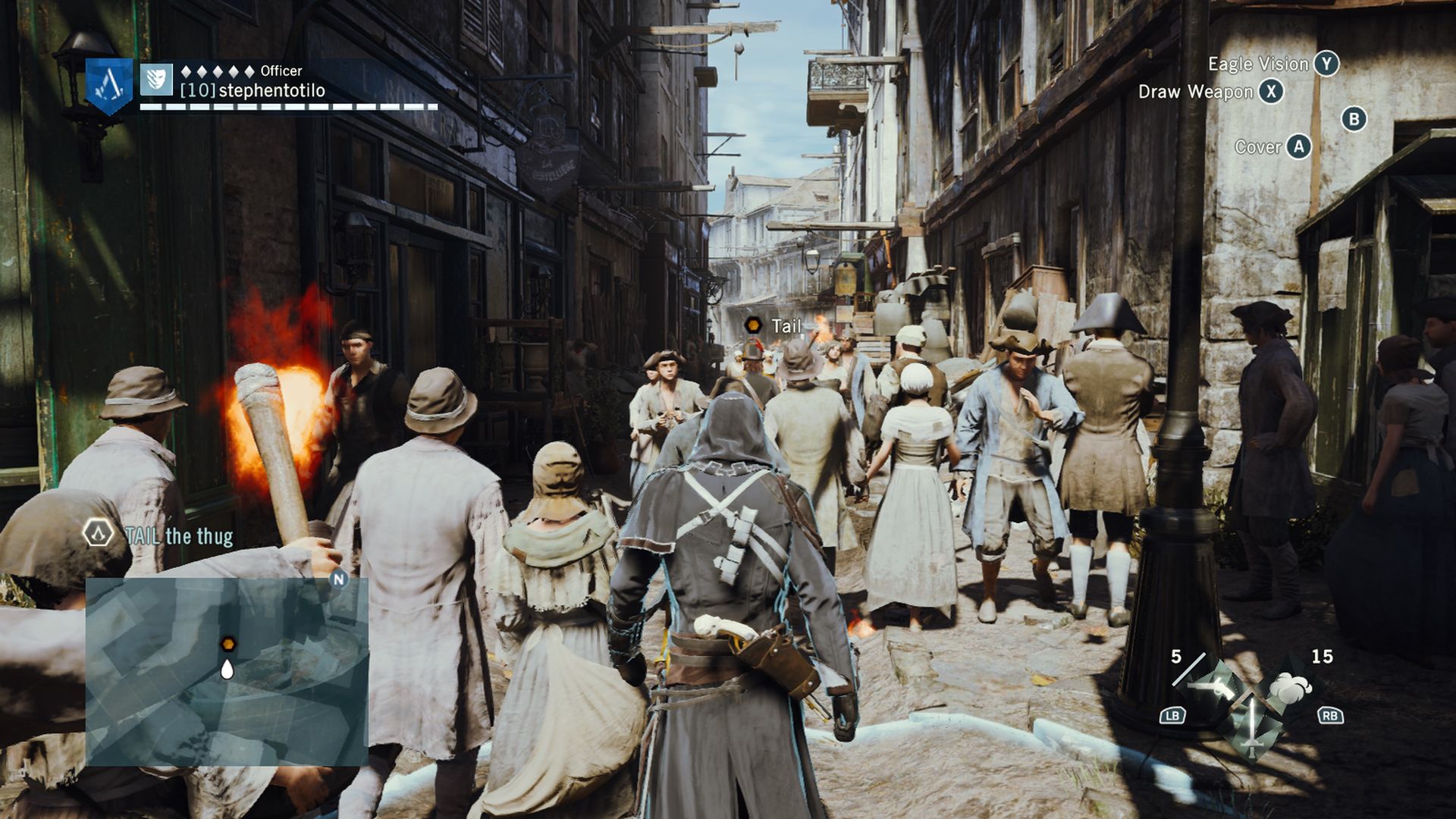 Video game screenshot of people walking through a street in 18th century Paris