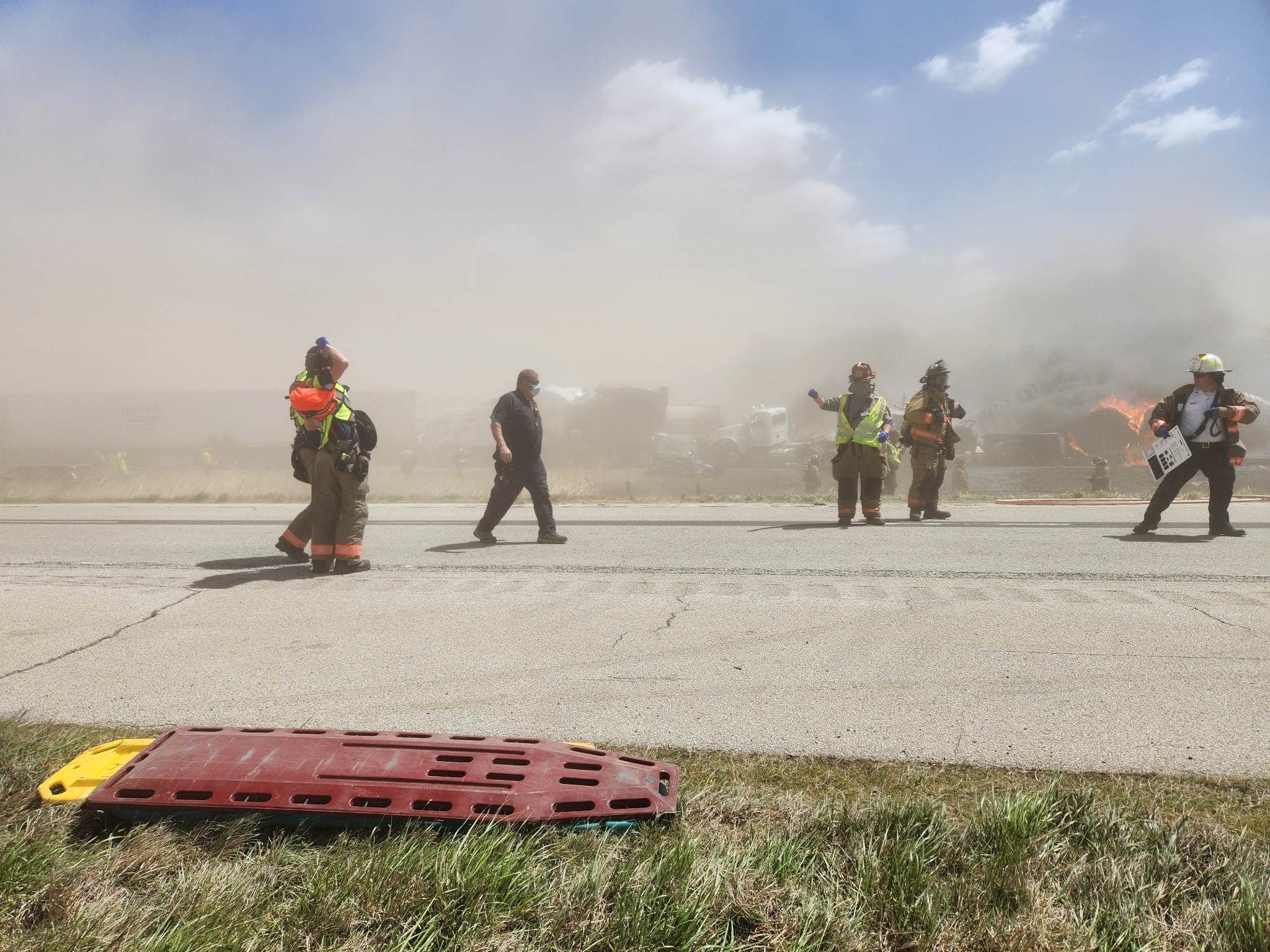A fire during the dust storm crash on the highway in central Illinois on Monday.