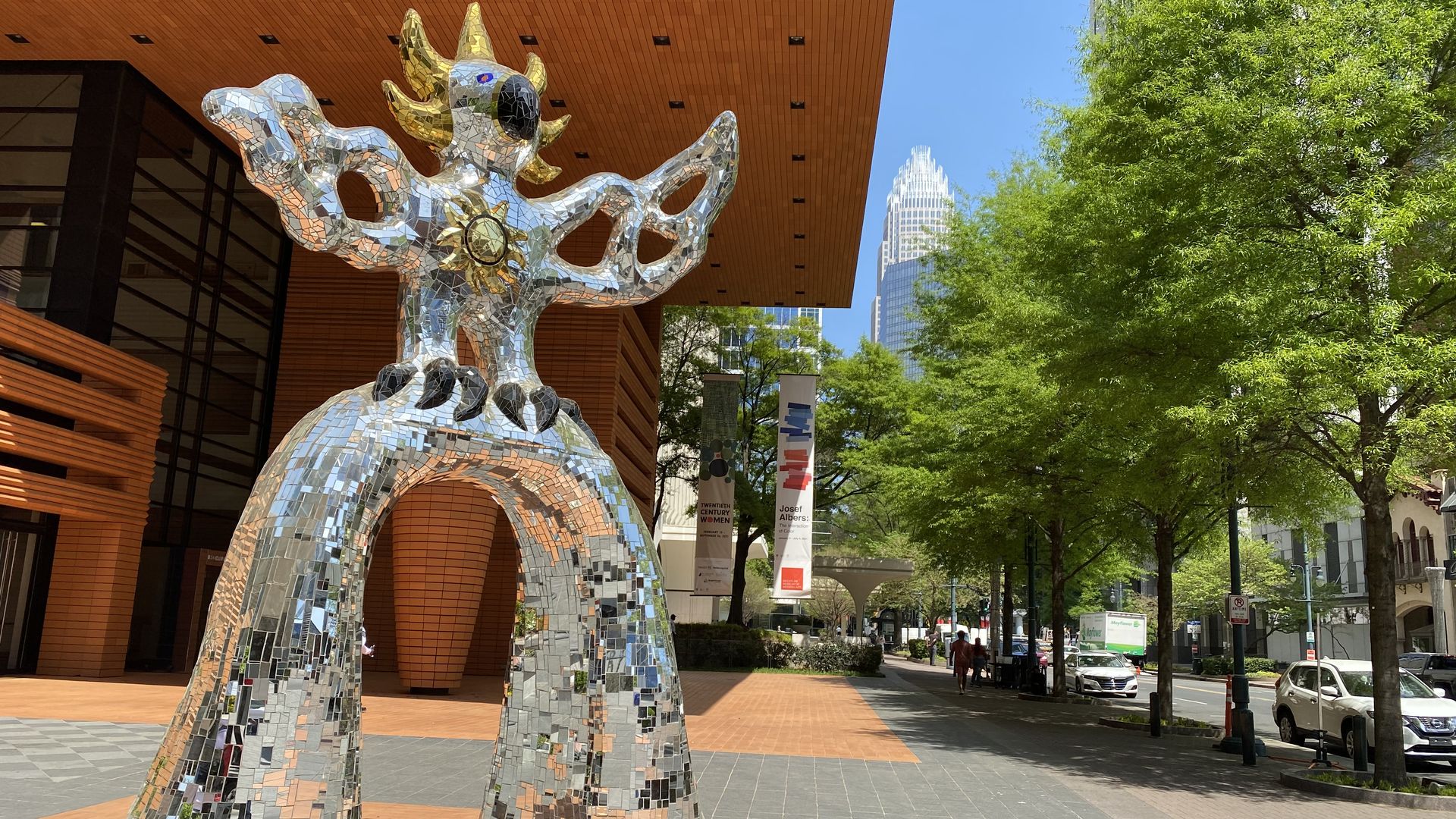 Firebird, a sculpture of mirrors, outside the Bechtler Museum of Modern art