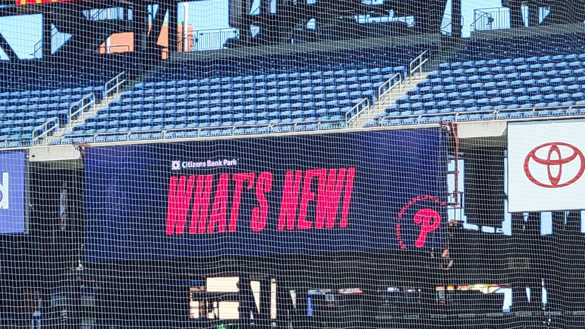 A "What's new" display on a video board at Citizens Bank Park.
