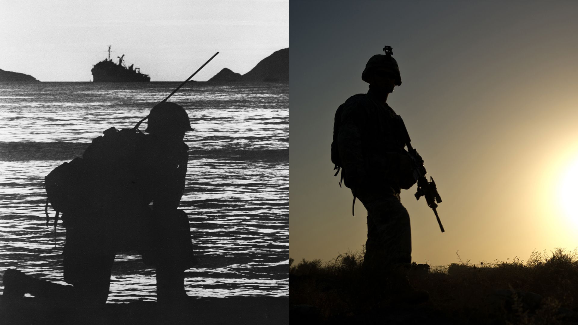 Side by side photos of silhouettes of American soldiers from the Vietnam and Afghanistan wars. 