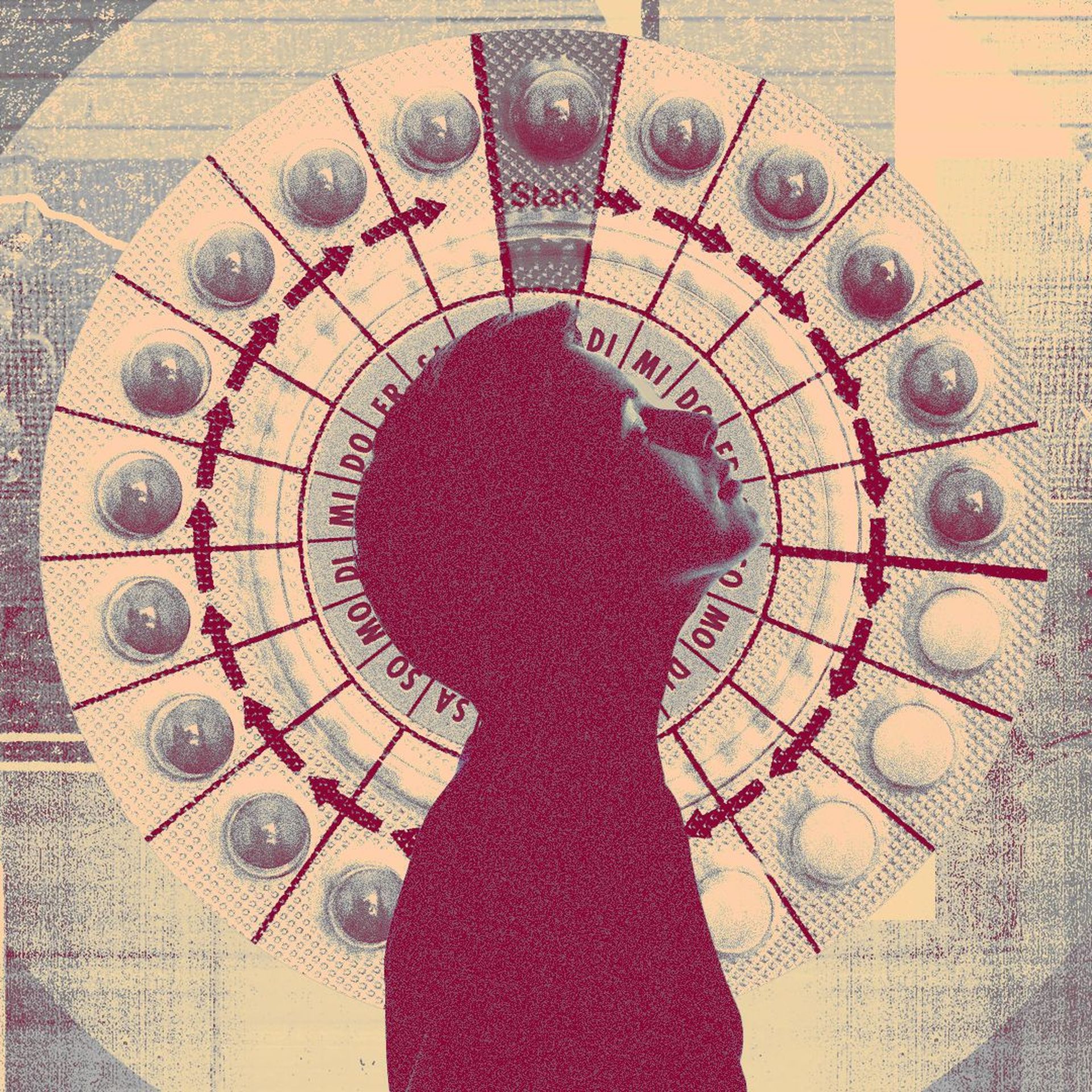 Illustration of a collage of the Supreme Court, birth control pills and a person's silhouette. 