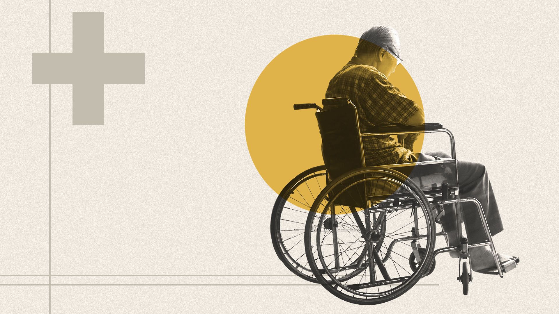 Illustration of a man in a wheelchair with a red cross symbol to his left