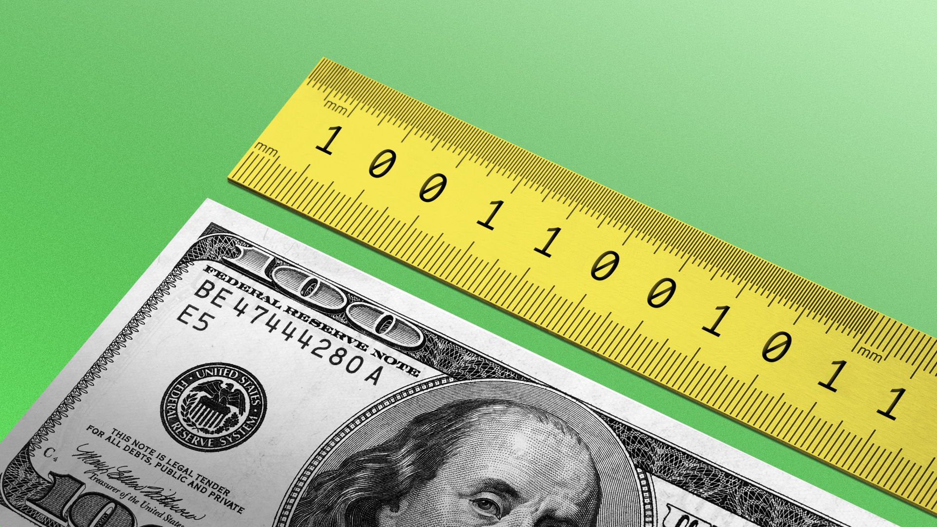 Illustration of a ruler with binary code in place of ordinary numbers measuring a hundred dollar bill