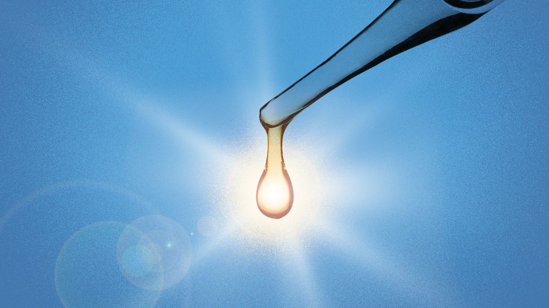 Illustration of a pipette and a droplet that is shining like the sun.