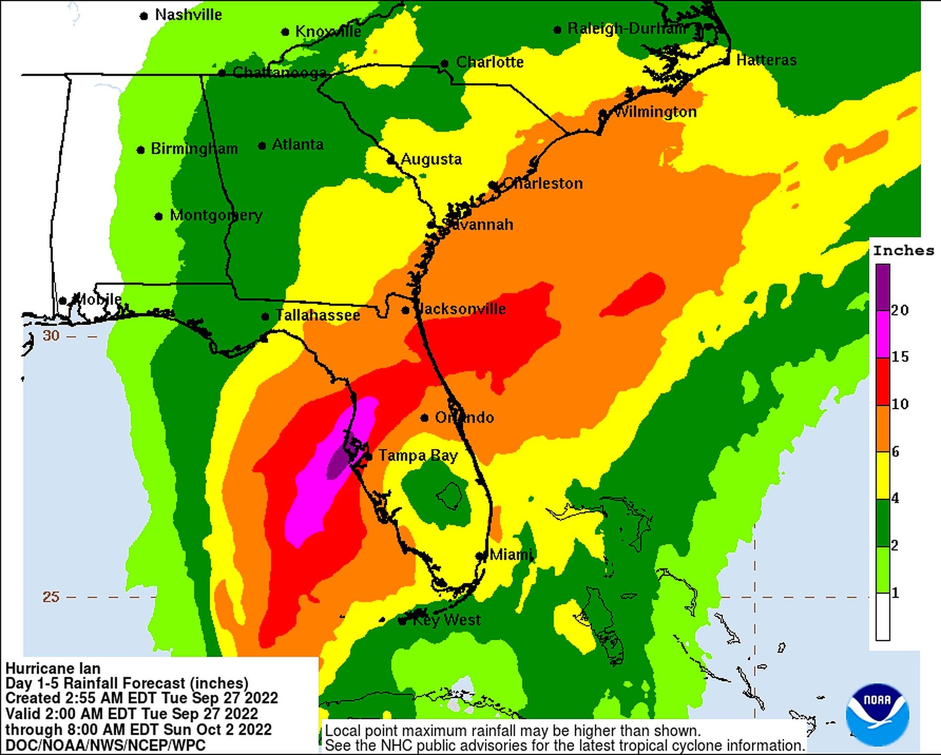 Forecast heavy rainfall for Florida due to Hurricane Ian.