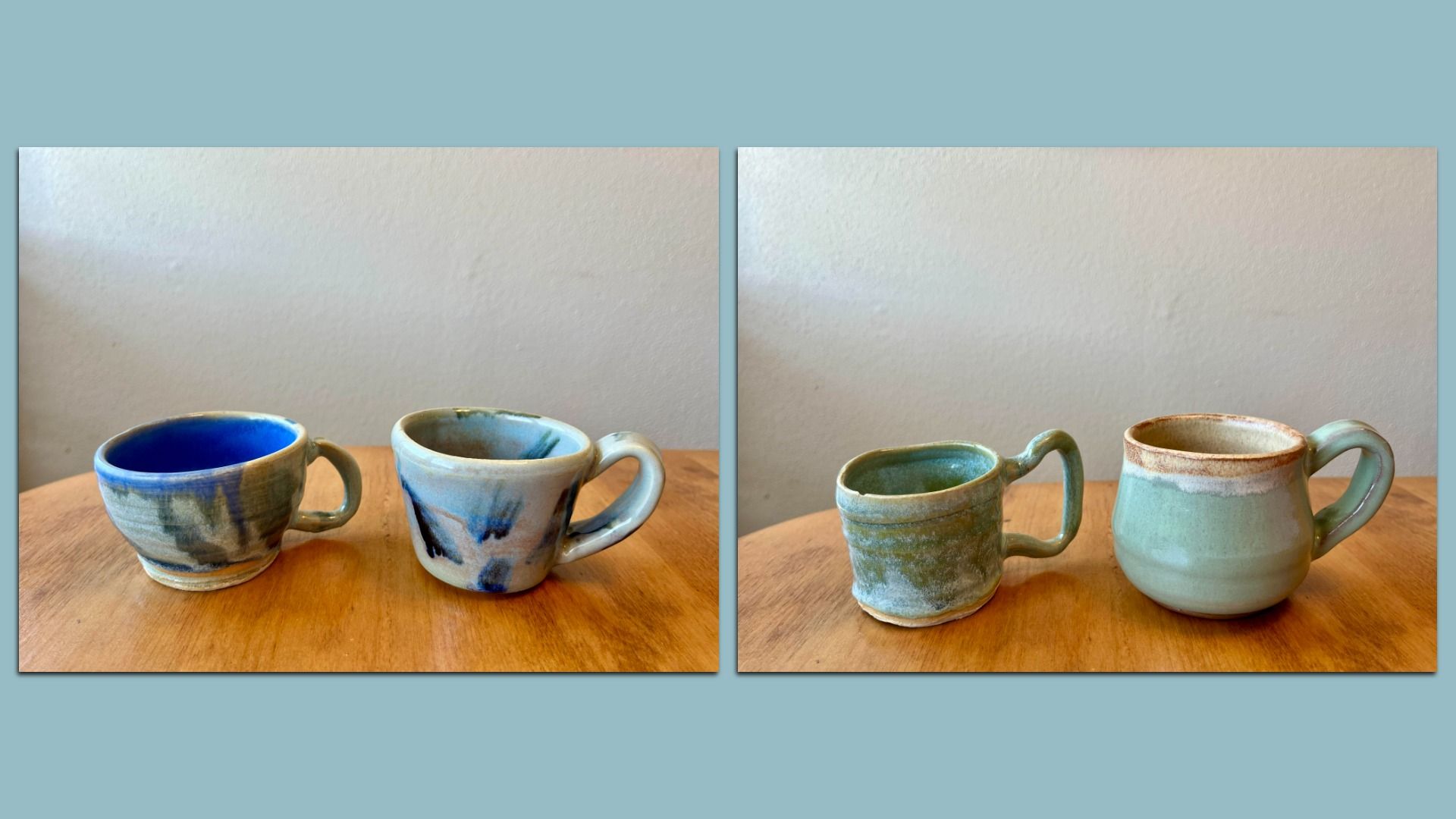 Two photos show four handmade ceramic mugs on a wooden surface against a plain light wall. Mugs are blue-gray, green-gray, and pale green with varied shapes.