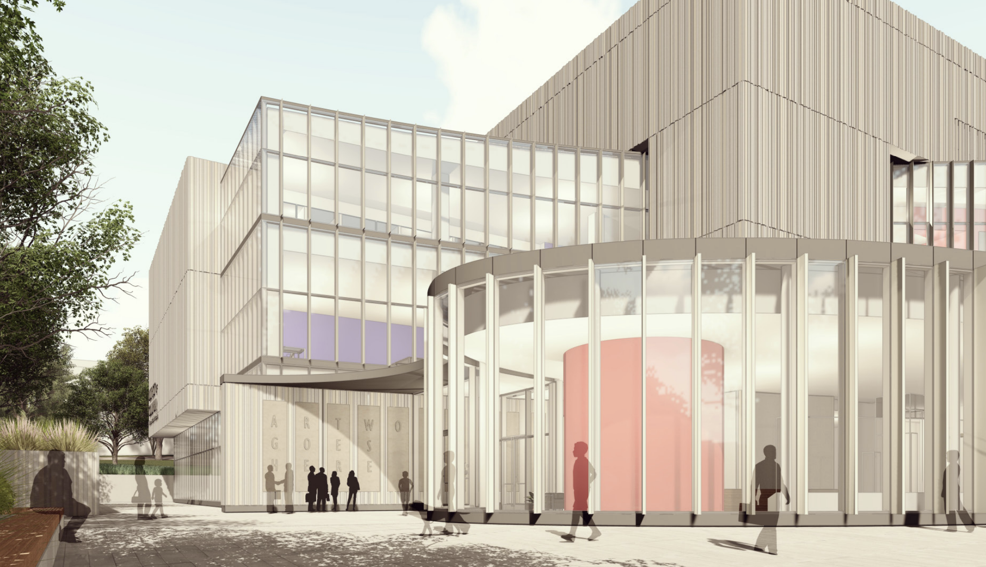 A curved glass facade of the building in a rendering