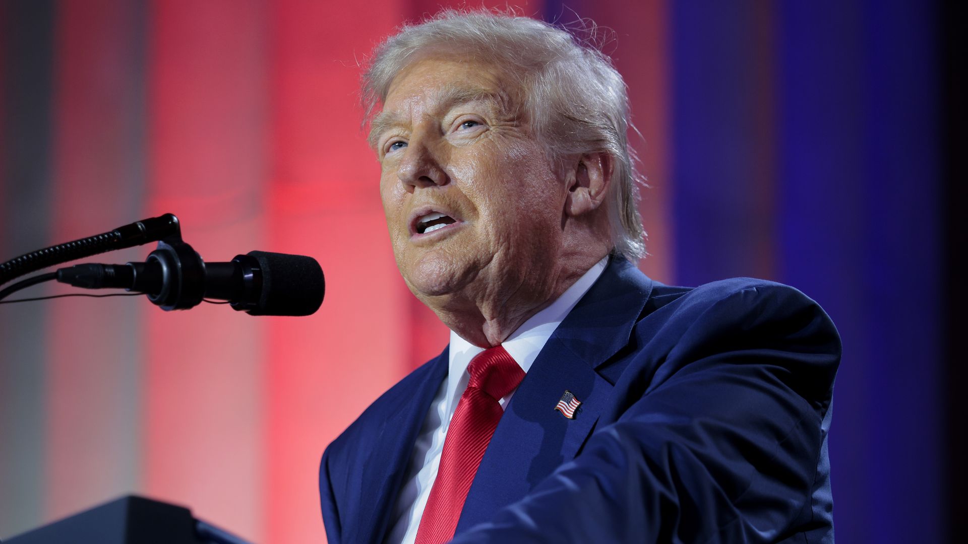 President Donald Trump speaks during the "Winning the AI Race" summit hosted by All‑In Podcast and Hill & Valley Forum at the Andrew W. Mellon Auditorium on July 23, 2025 in Washington, DC. T