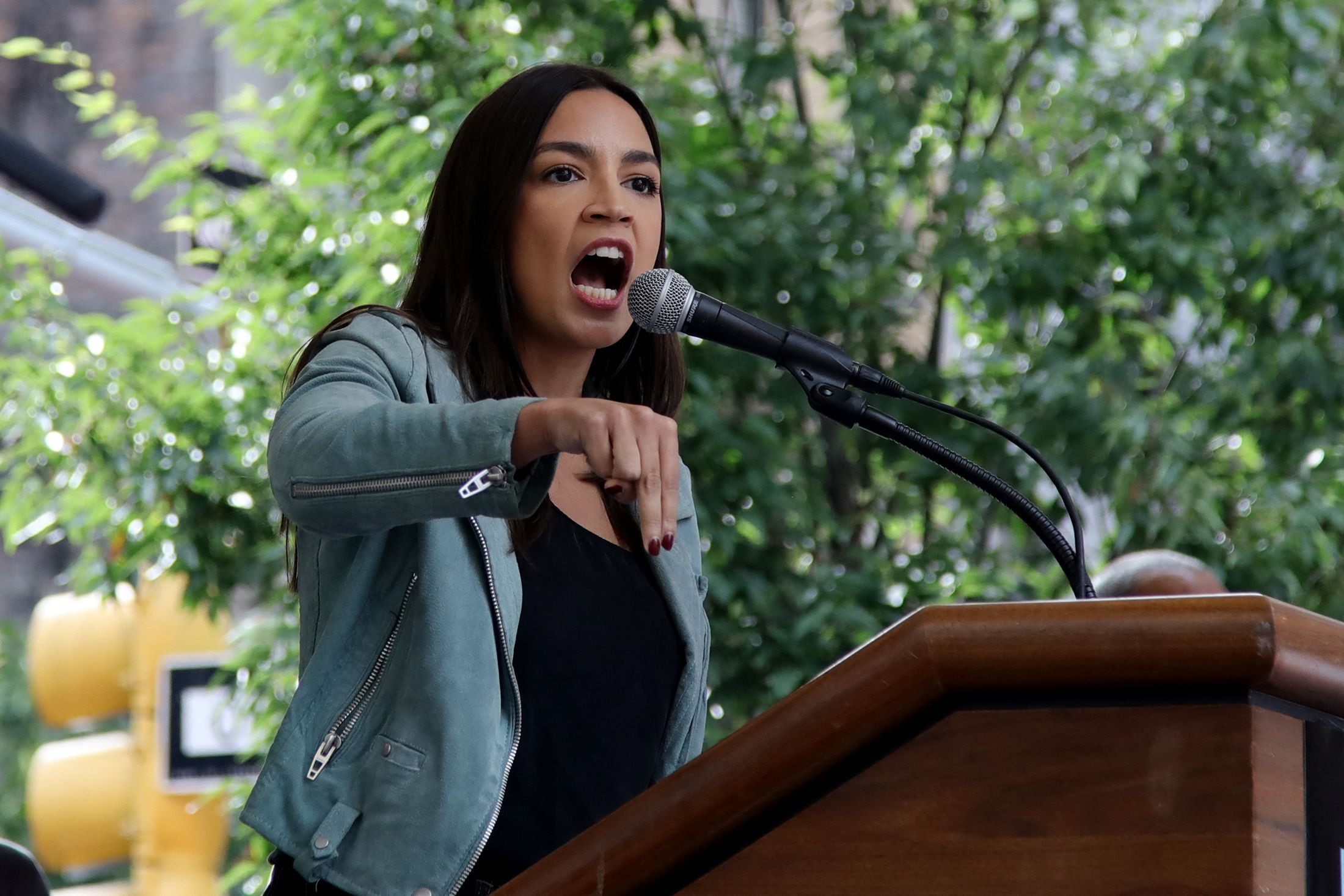 Democratic Representative from New York Alexandria Ocasio-Cortez speaks at the end of the rally to end fossil fuels ahead of the 78th United Nations General Assembly and Climate Ambition Summit in New York on September 17, 2023.