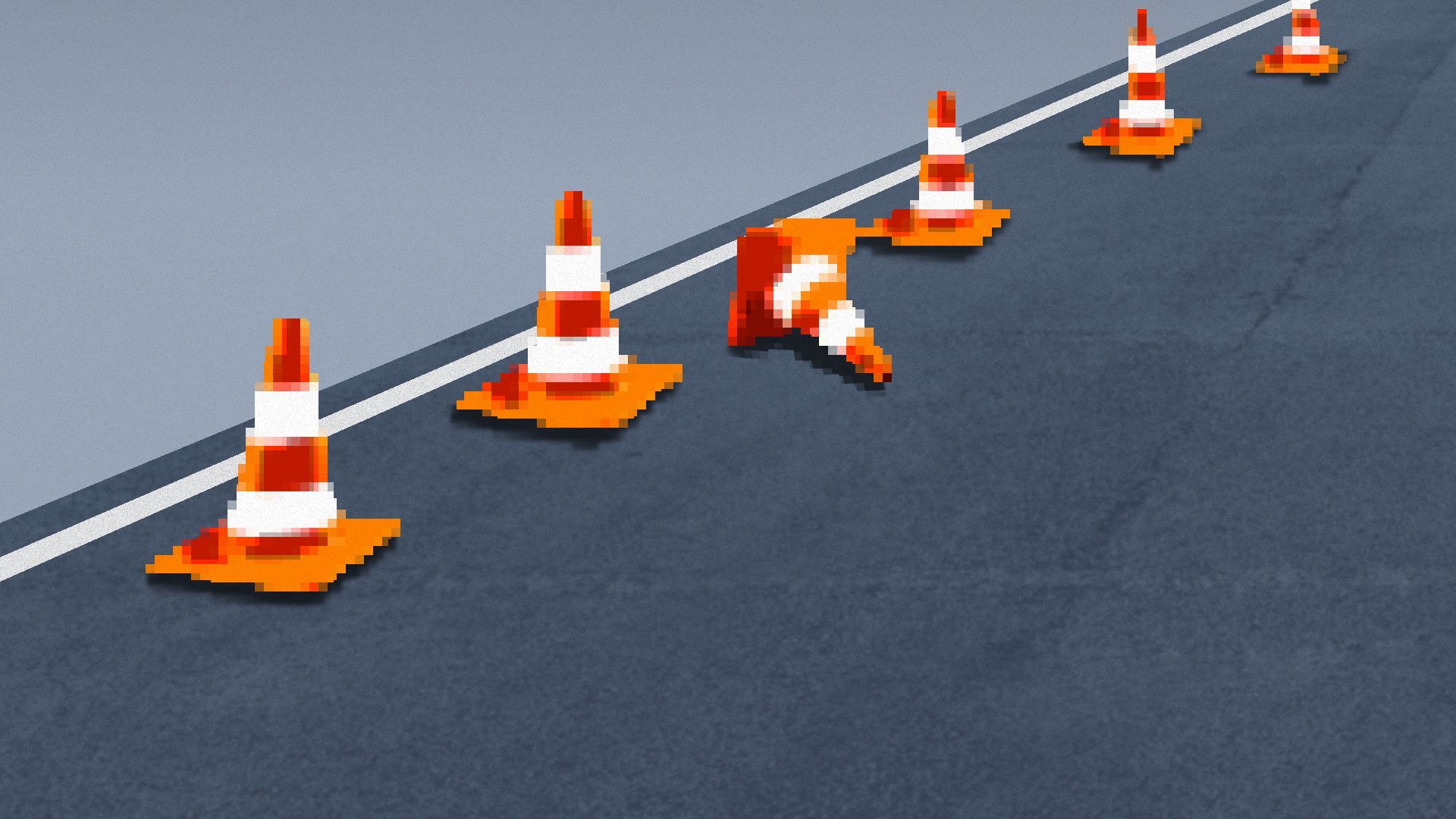 Illustration of pixelated traffic cones, one fallen over, lined up along the side of a road. 