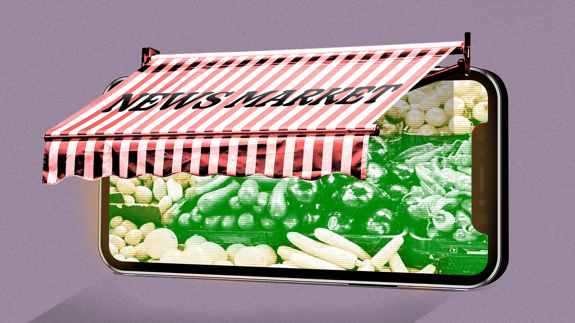 Illustration of a phone with an awning on it reading News Market, showing a photo of vegetables.