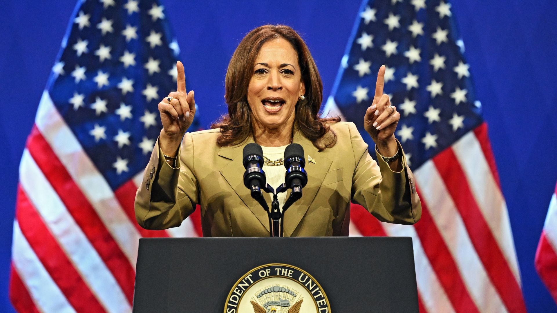 Kamala Harris speaks at a podium. 