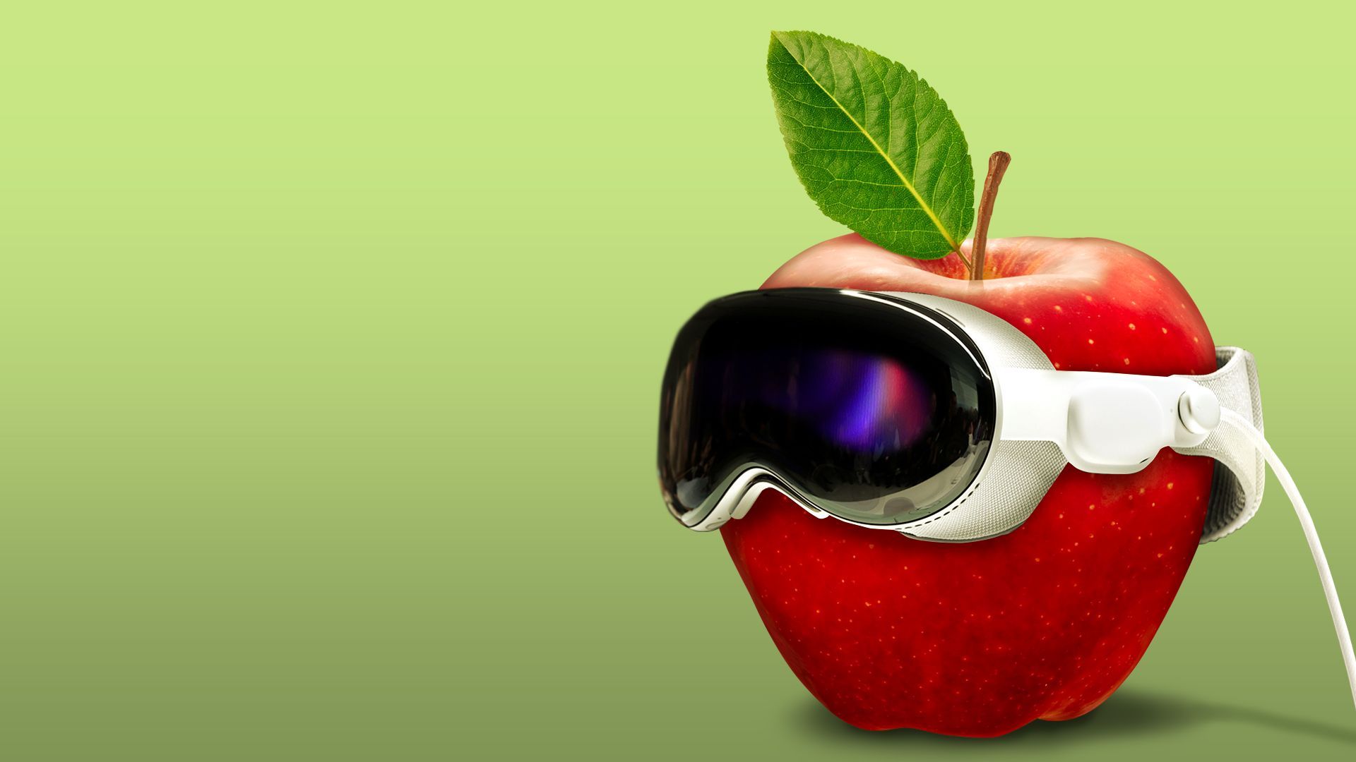 Photo illustration of an apple wearing Apple's Vision Pro headset.