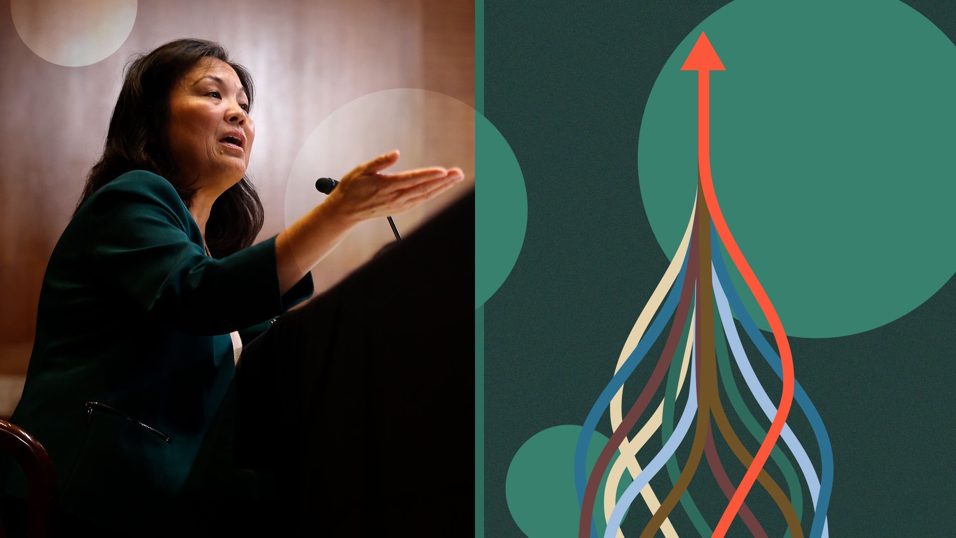 Photo illustration of Labor Secretary Julie Su in a collage with abstract lines converging into a single arrow.