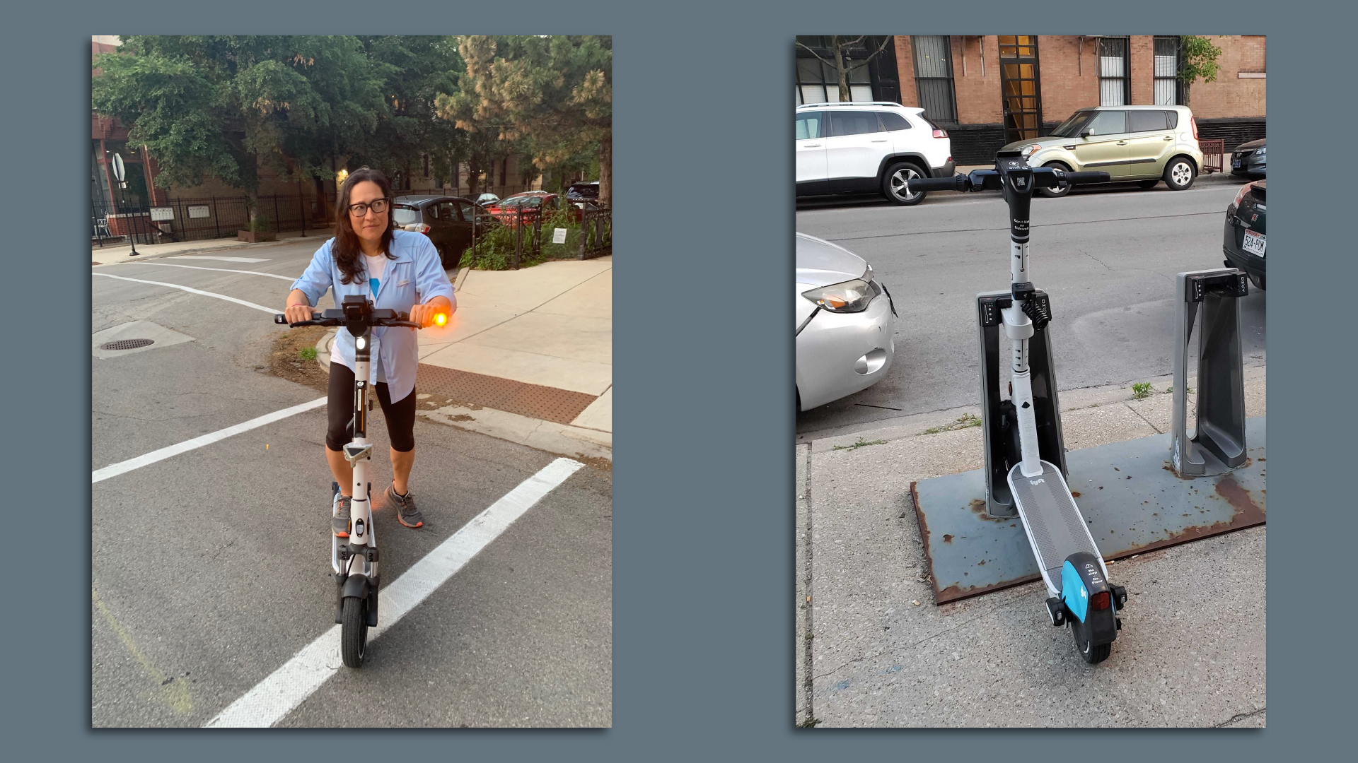 Two photos side-by-side showing scooter and riding the scooter. 