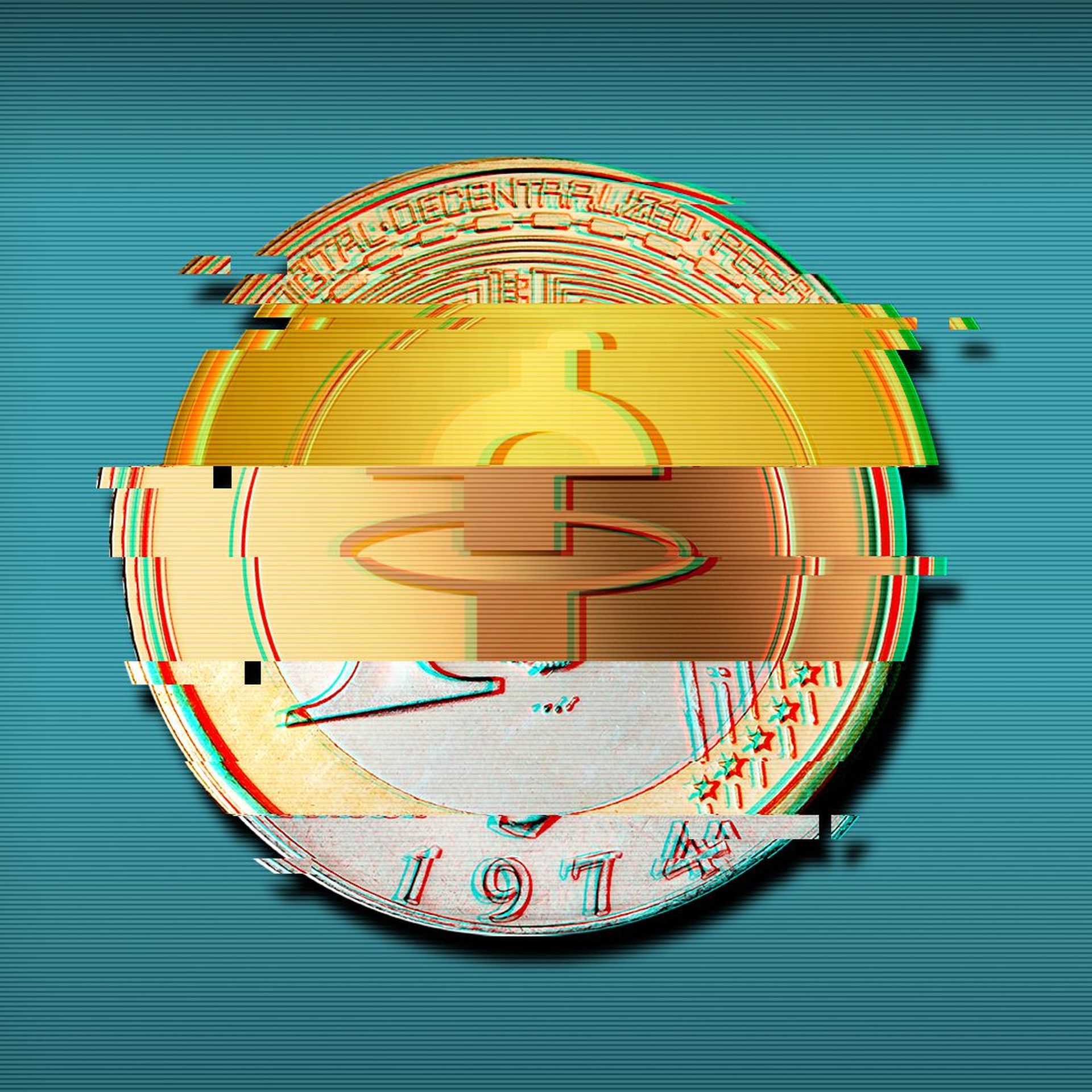 Illustration of several different coins combined to form one glitching coin
