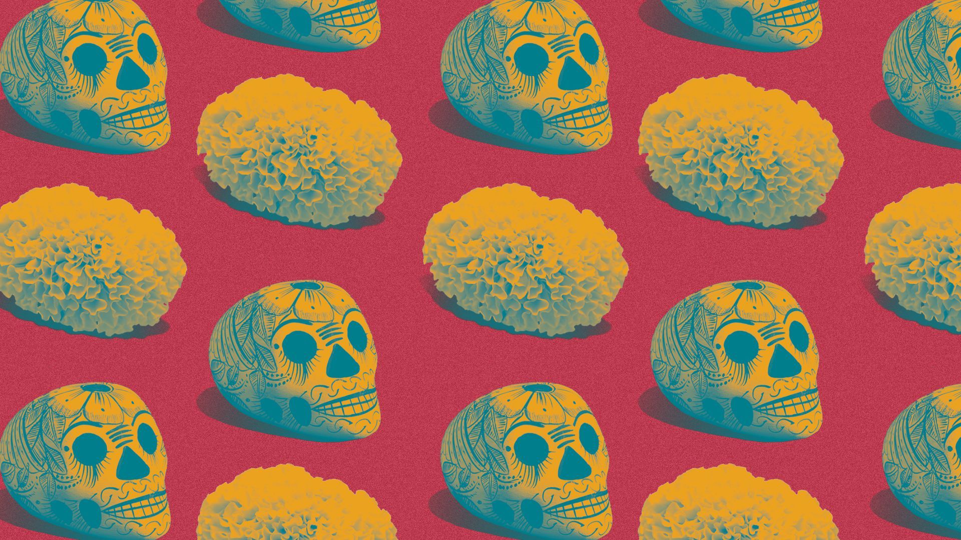 Illustration of a pattern of sugar skulls and marigolds.