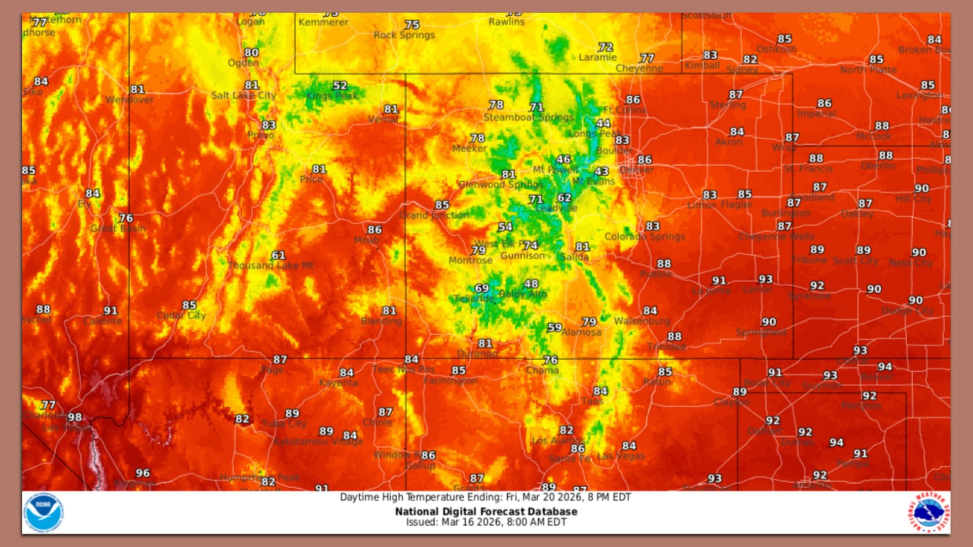 NOAA/NWS weather map of daytime high temperatures across the western U.S. in red/orange heat zones with green cooler pockets; cities labeled Salt Lake City, Denver, Gunnison, Laramie.