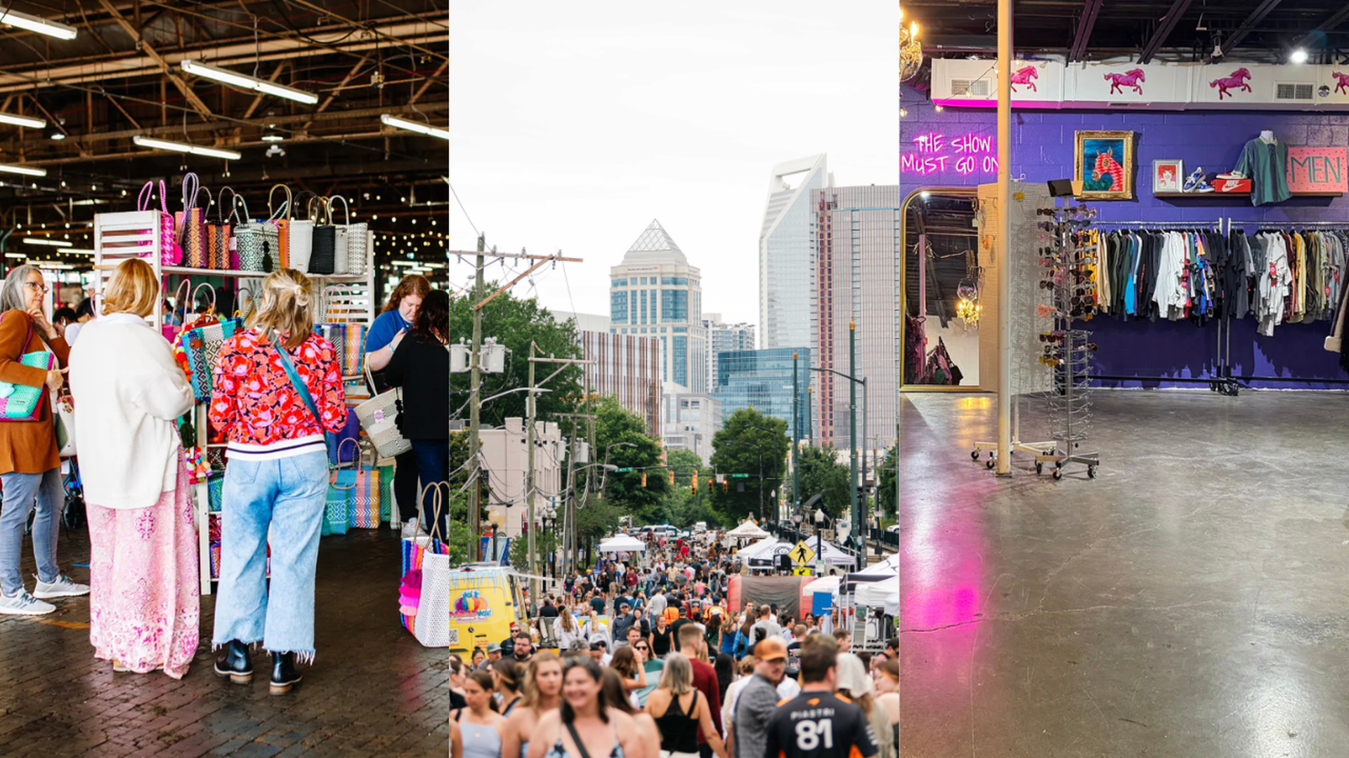 Triptych collage: left indoor market with colorful handbags and shoppers; center crowded city street market with tall buildings; right purple-walled shop of clothes and neon sign "The Show Must Go On".
