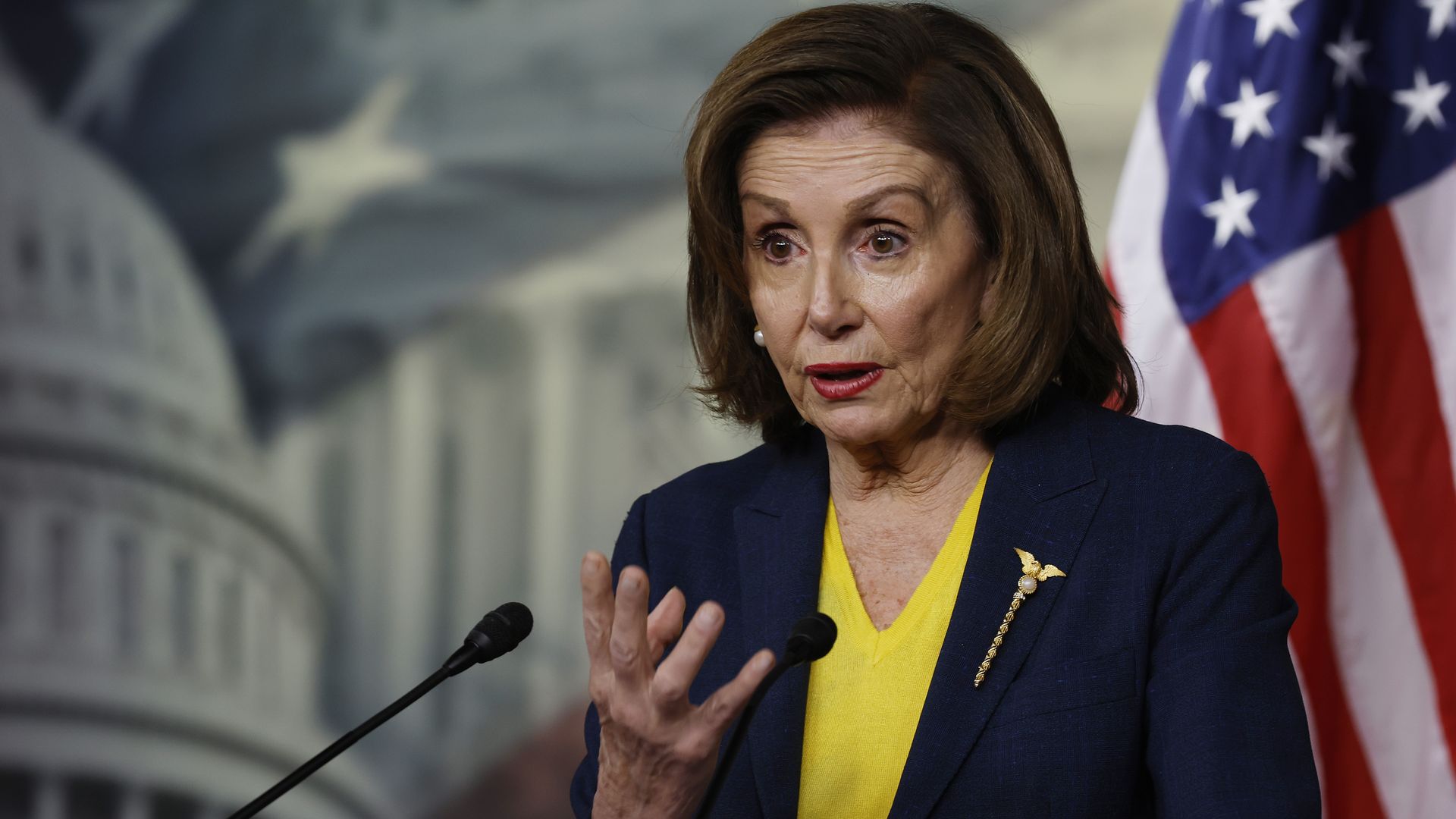  Speaker of the House Nancy Pelosi (D-CA) talks to reporters during her weekly news conference in the U.S. Capitol Visitors Center on December 15, 2021 in Washington, DC.