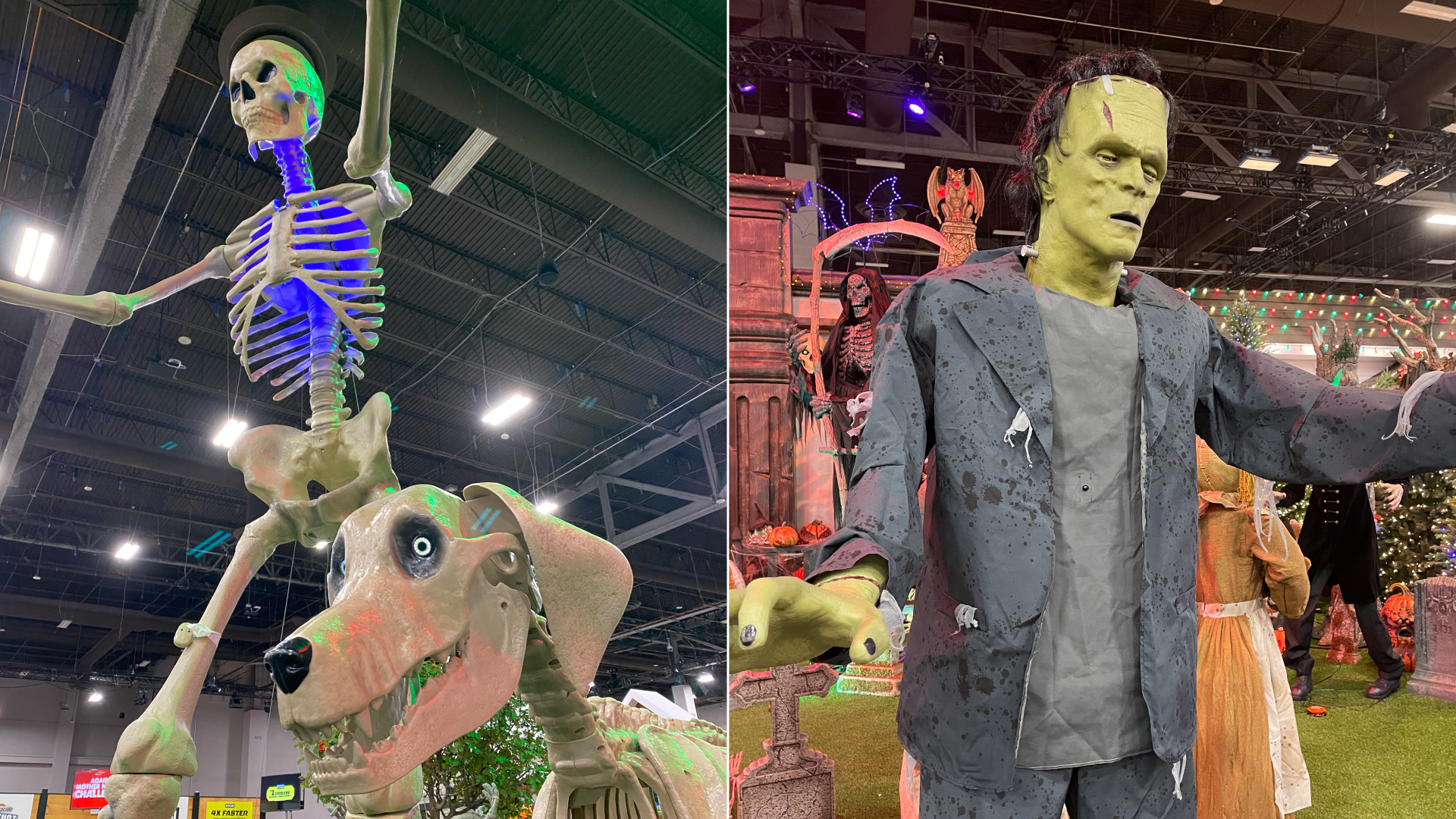 Two photos side-by-side. On left, a 12-foot skeleton with 5-foot skeleton dog and on right, a large Frankenstein Halloween decoration