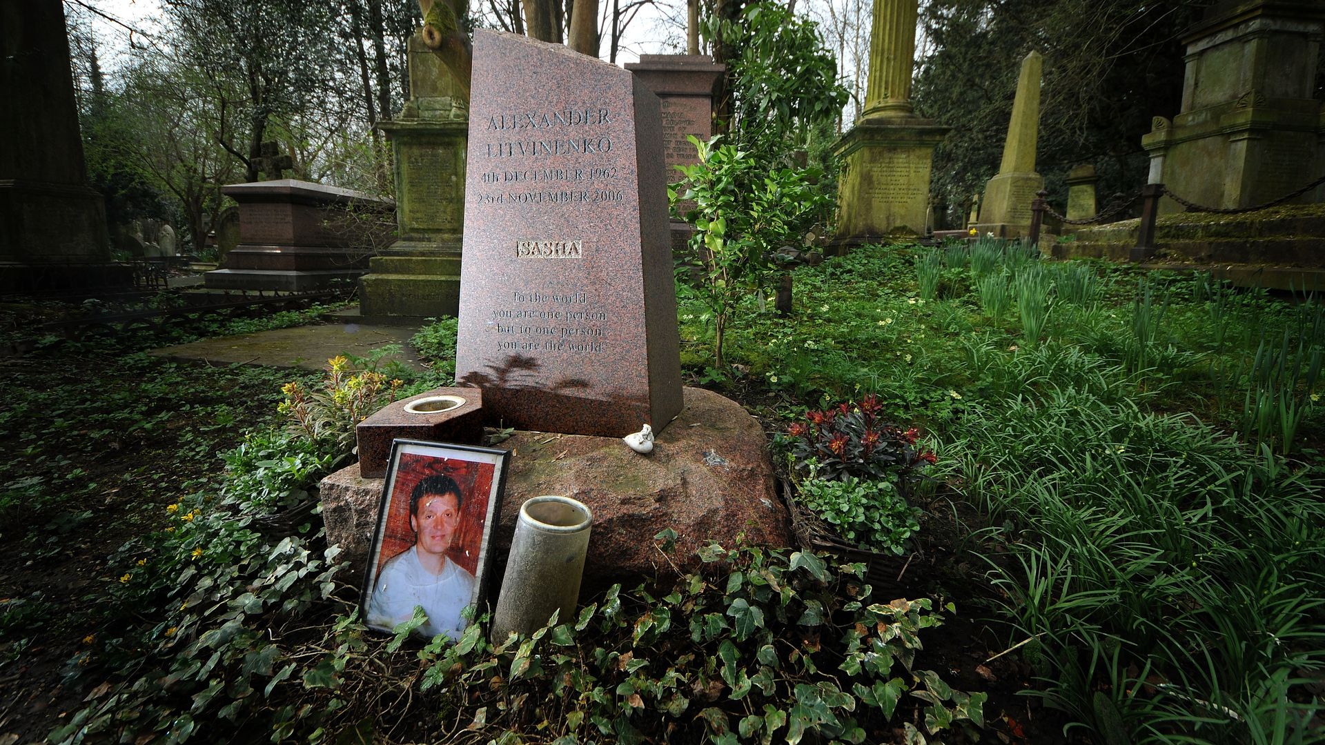 The grave of Alexander Litvinenko at Highgate Cemetery in London, England.