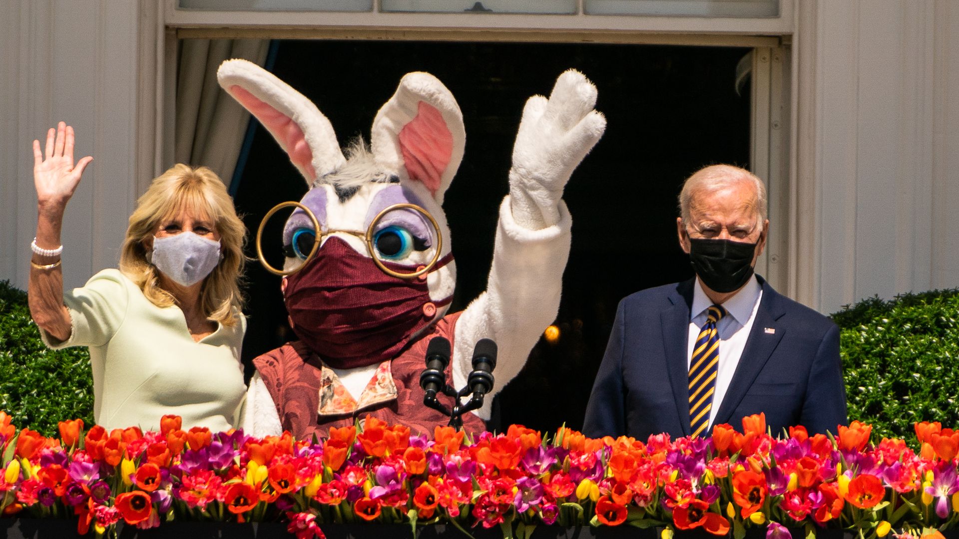  US President Joe Biden, First Lady Dr. Jill Biden, and the Easter Bunny during remarks about the tradition of Easter at the White House on April 5, 2021.
