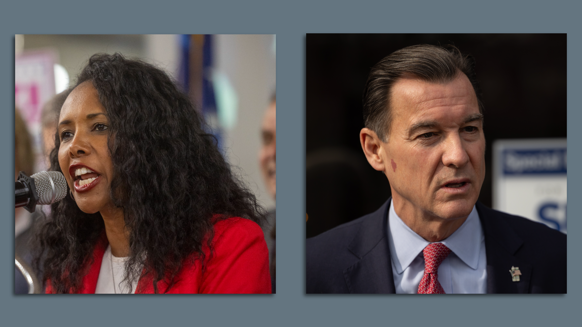 Left: Mazi Pilip, wearing a red jacket and white shirt, speaking into a microphone. Right: Tom Suozzi, wearing a dark blue jacket, light blue shirt and red tie.