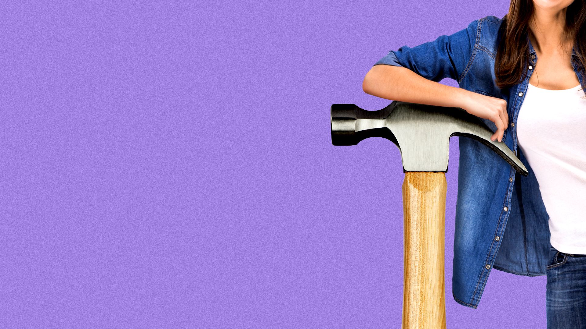 Illustration of a woman leaning on a giant hammer