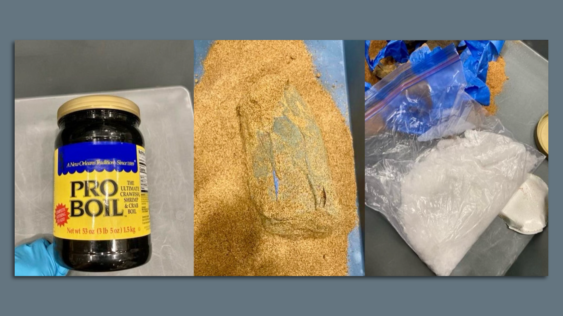 Photo shows a container of seafood boil and ziploc baggy of meth hidden in the spices