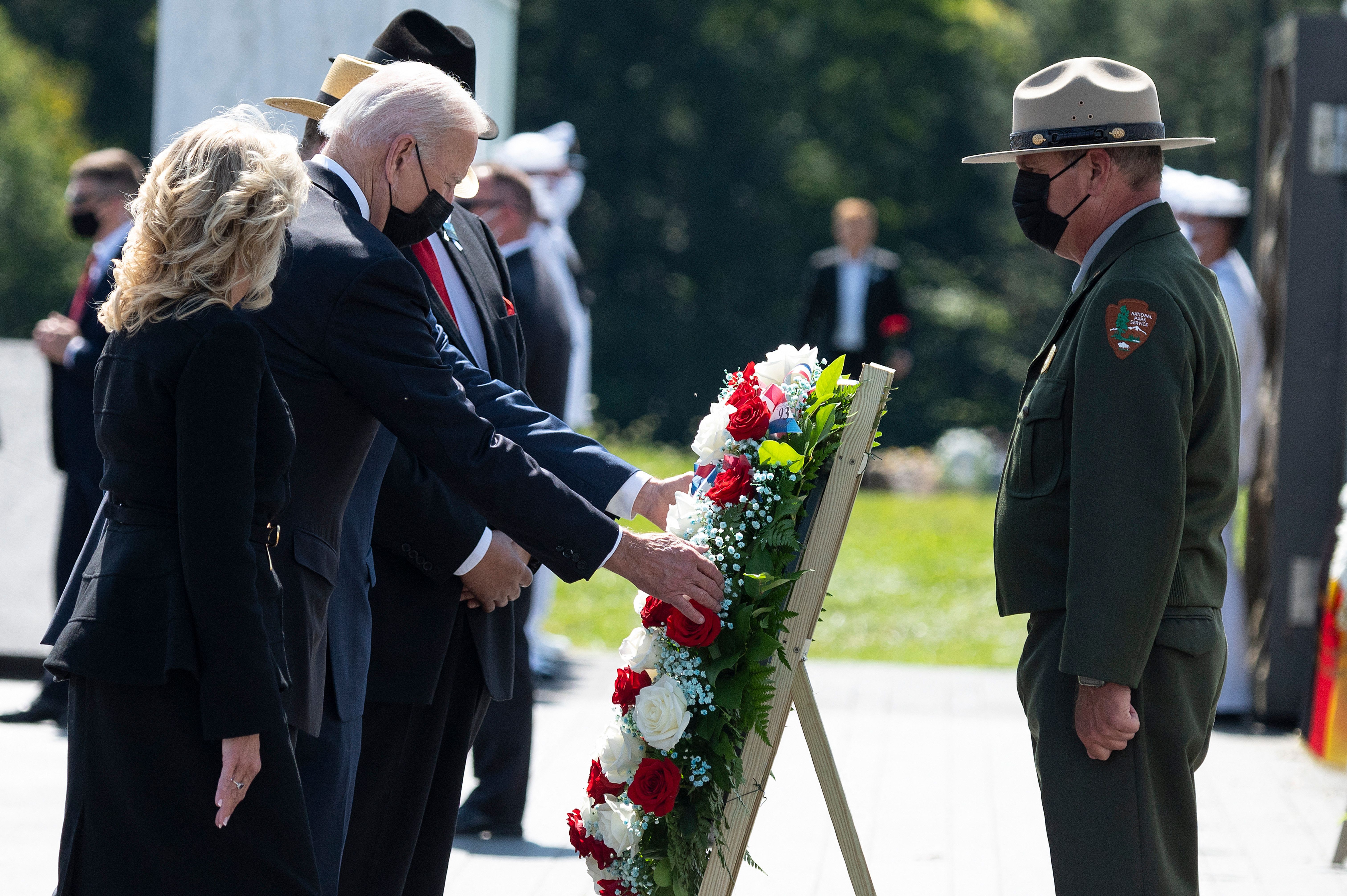 President Biden and first lady Jill Biden lay a wreath at the Flight 93 National Memorial.
