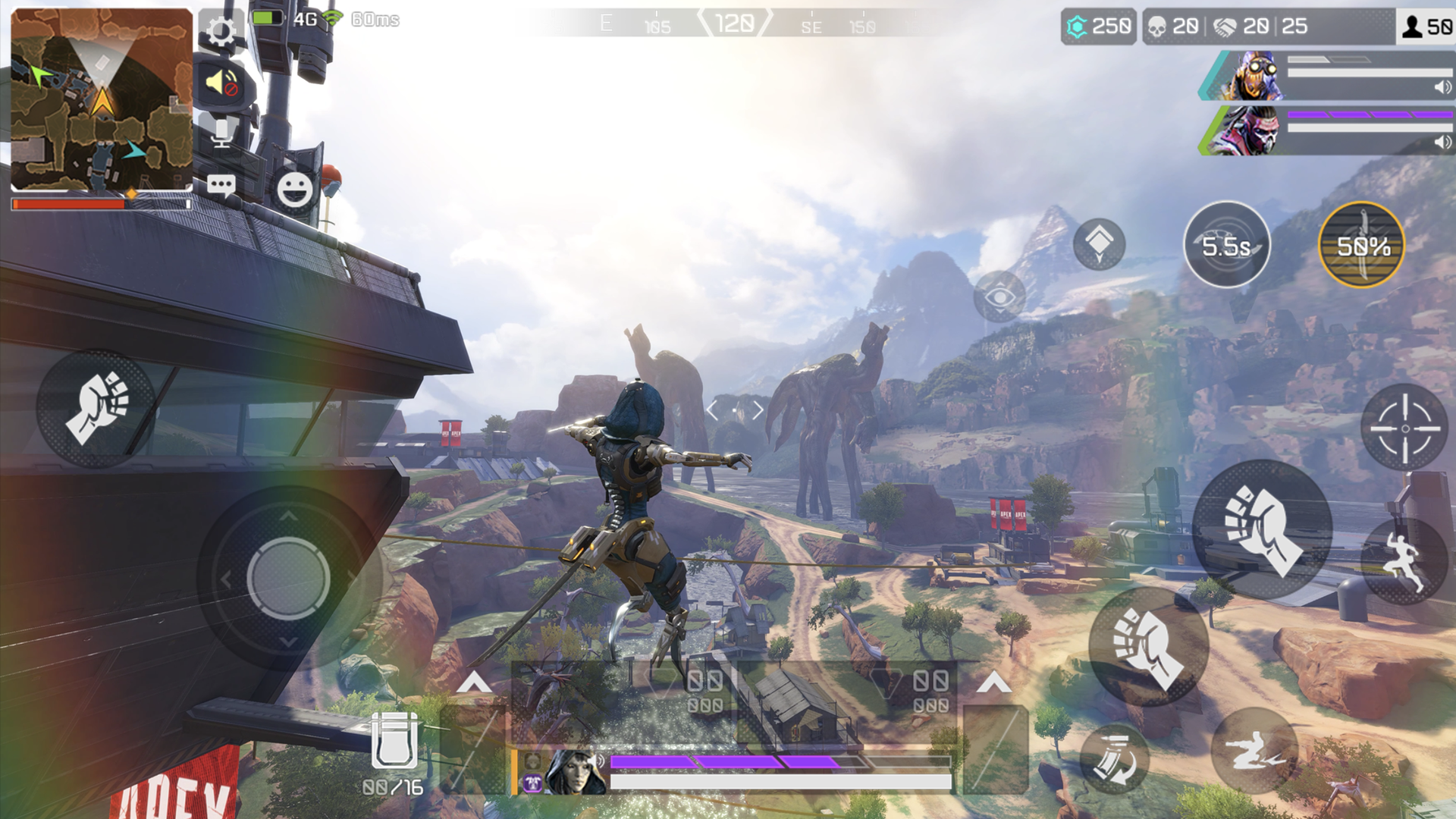 Video game screenshot of a character leaping over a valley. The screen is lined with controller prompts and player stats.