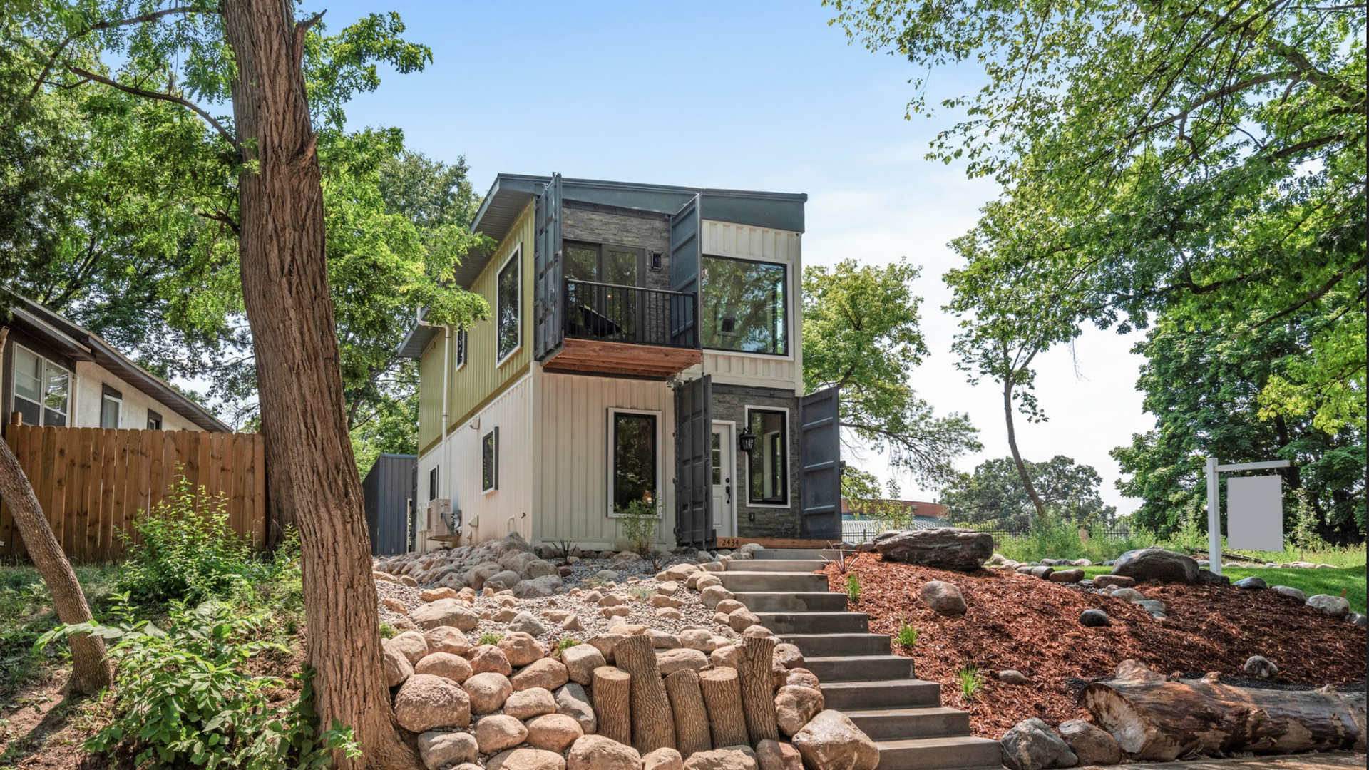 The exterior of a shipping container home for sale in Minneapolis.