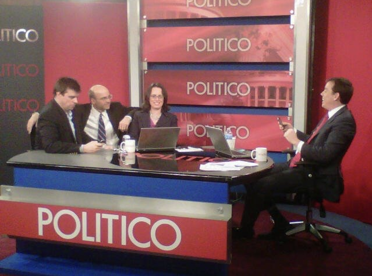 Politico's Jonathan Martin, Mike Allen, Maggie Haberman and Jim VandeHei during an election-night webcast in the publication's early years. Photo courtesy Kim Kingsley
