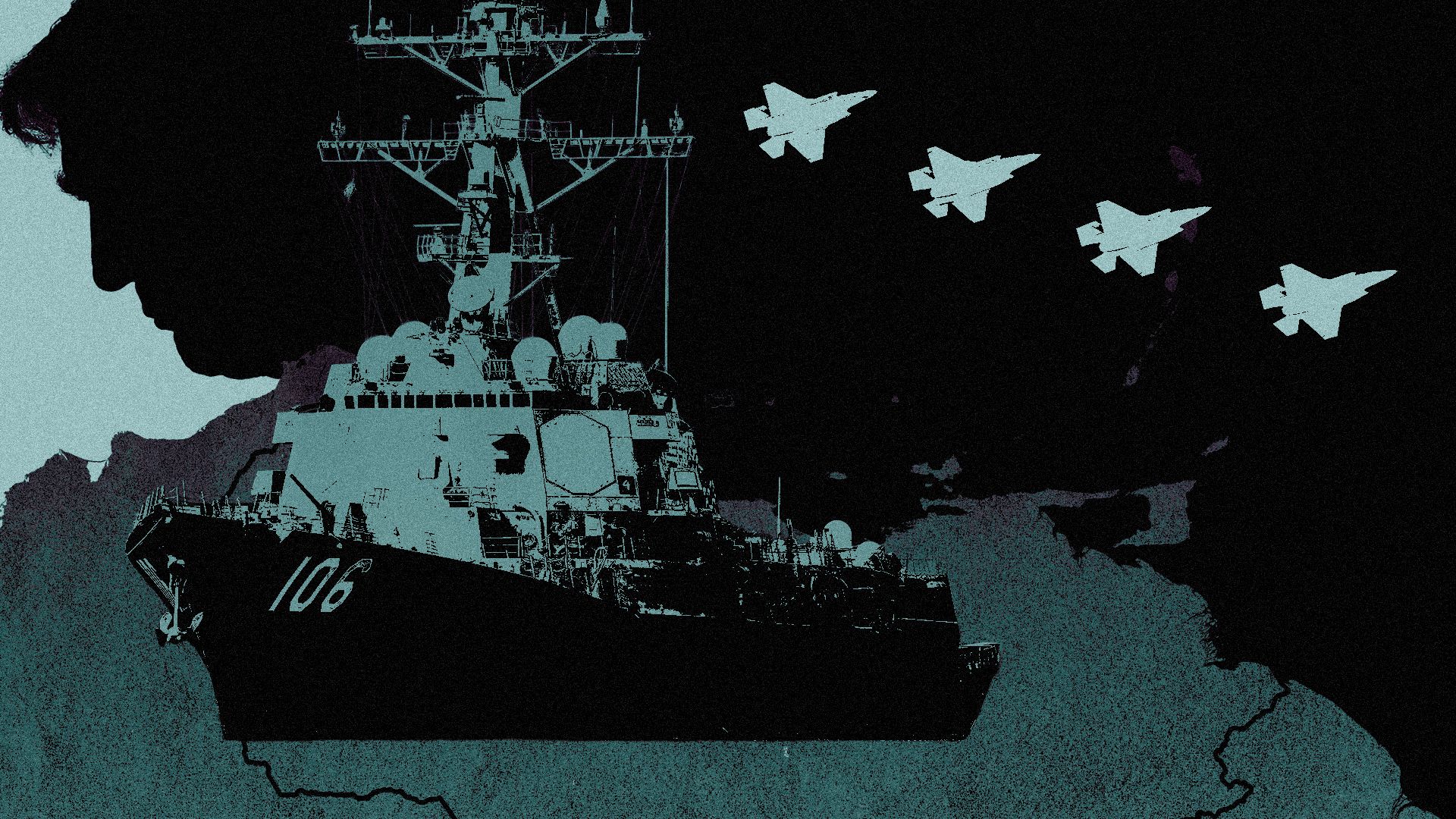 Photo illustration of a collage featuring the silhouette of Donald Trump, a US warship and US fighter jets, and the map of Venezuela and South America. 