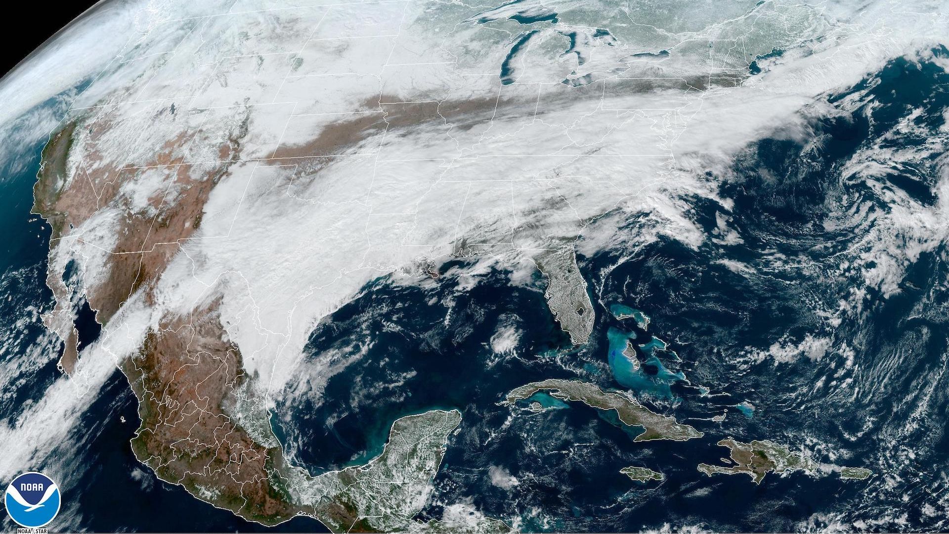 Satellite representation  showing the expanse of clouds associated with the wintertime  storm.