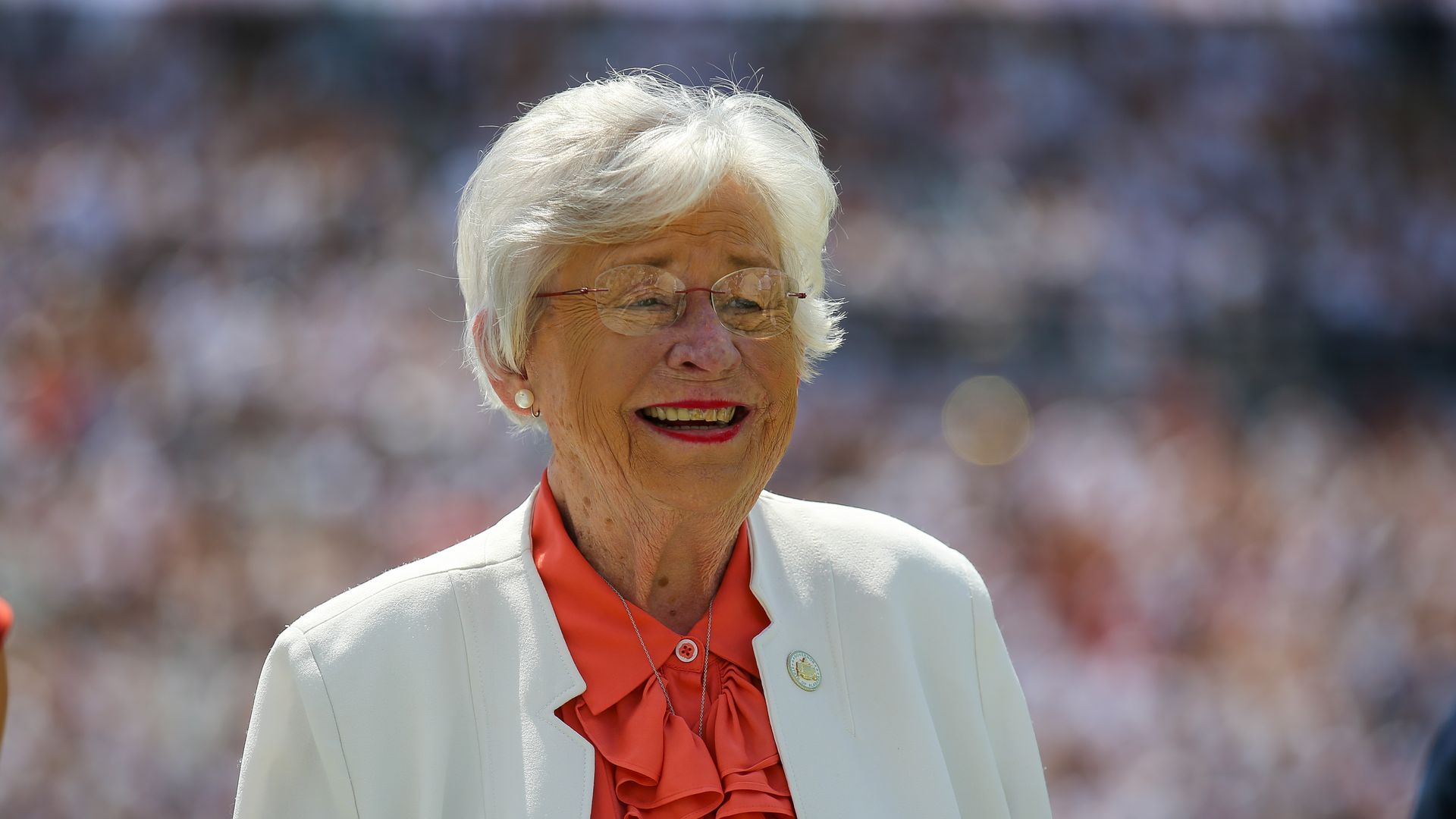 Alabama Gov. Kay Ivey participates in the homecoming ceremonies at halftime of the game between the South Alabama Jaguars and Auburn Tigers at Jordan-Hare Stadium on Sept. 13, 2025 in Auburn, Alabama.