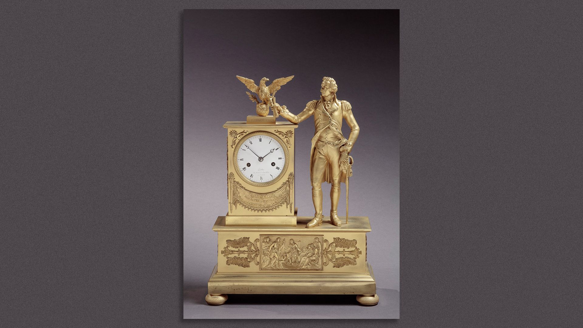 French mantle clock depicting George Washington,  Circa 1820. Photo courtesy of exhibitor, Bernard & S. Dean Levy,