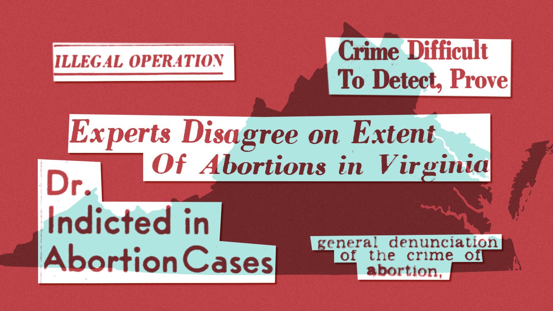 Illustration of a collage of newspaper headlines with the silhouette of the state of Virginia above them.