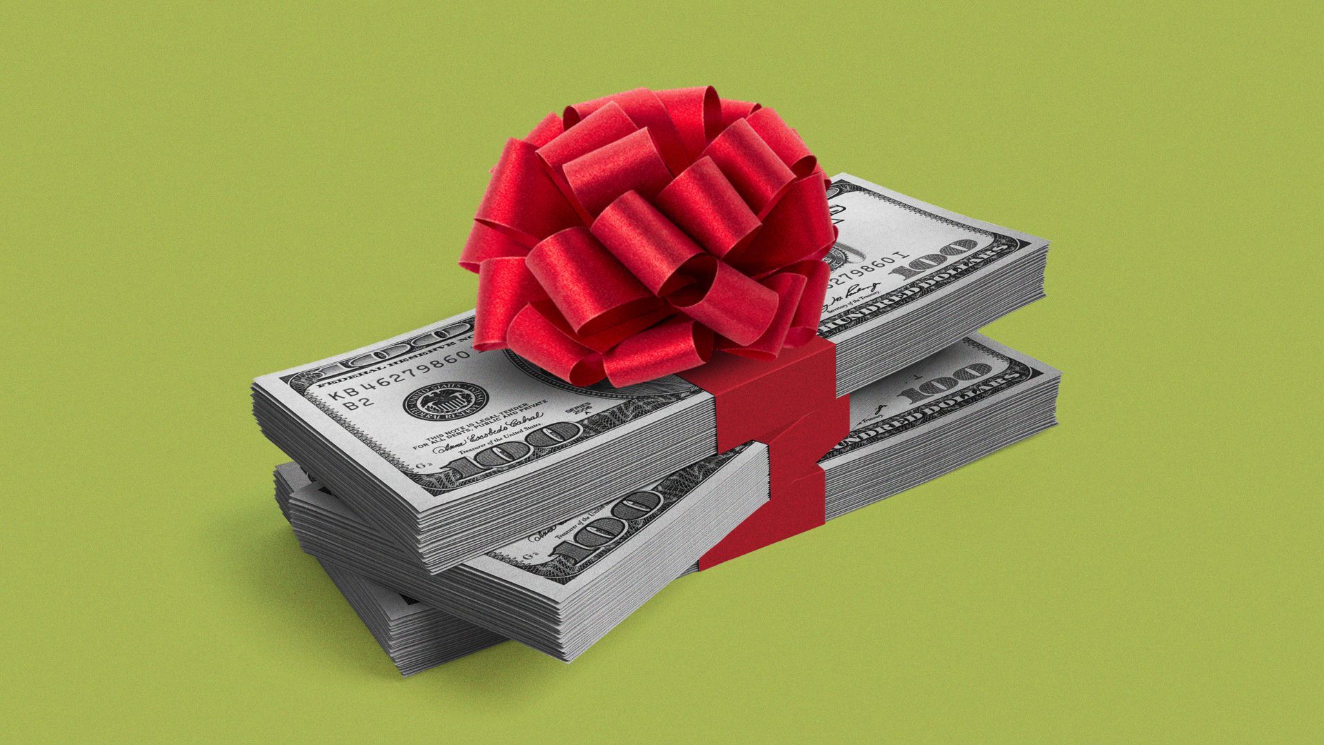 A stack of money tied with a red ribbon. 