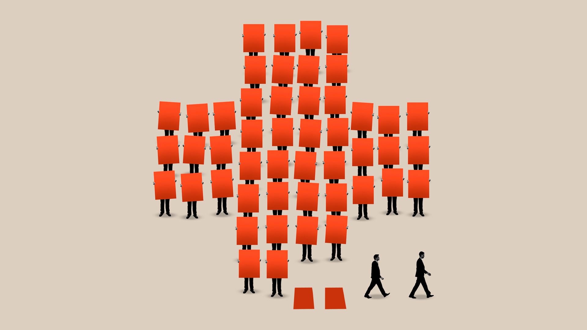 People holding red signs in the shape of a cross.