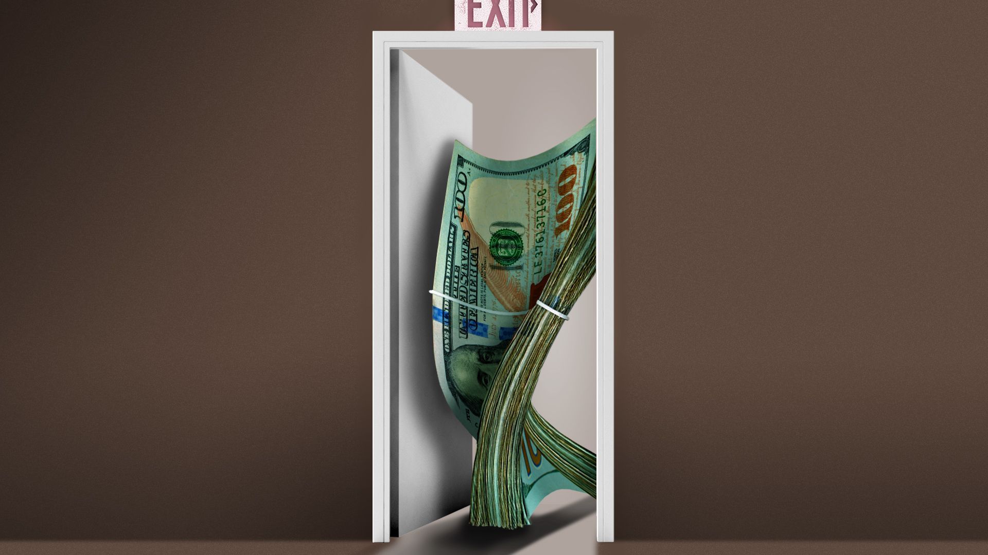 Illustration of a stack of cash anthropomorphized to appear like it is walking upright through an exit door. 