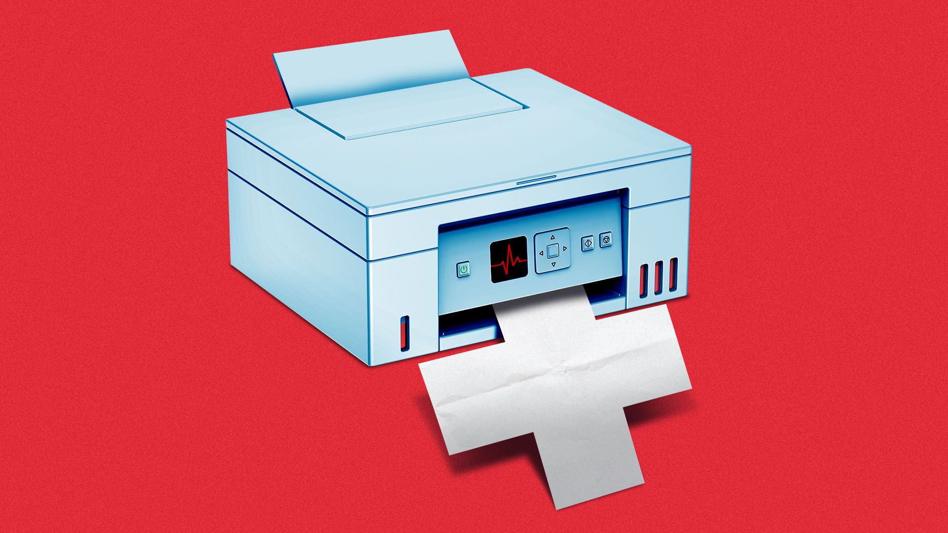 Illustration of a printer printing of a paper in the form of a medical cross