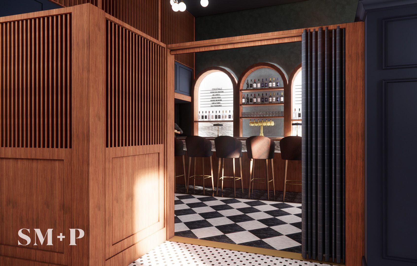 A rendering of Lucille's bar area with a tiled floor and curtain
